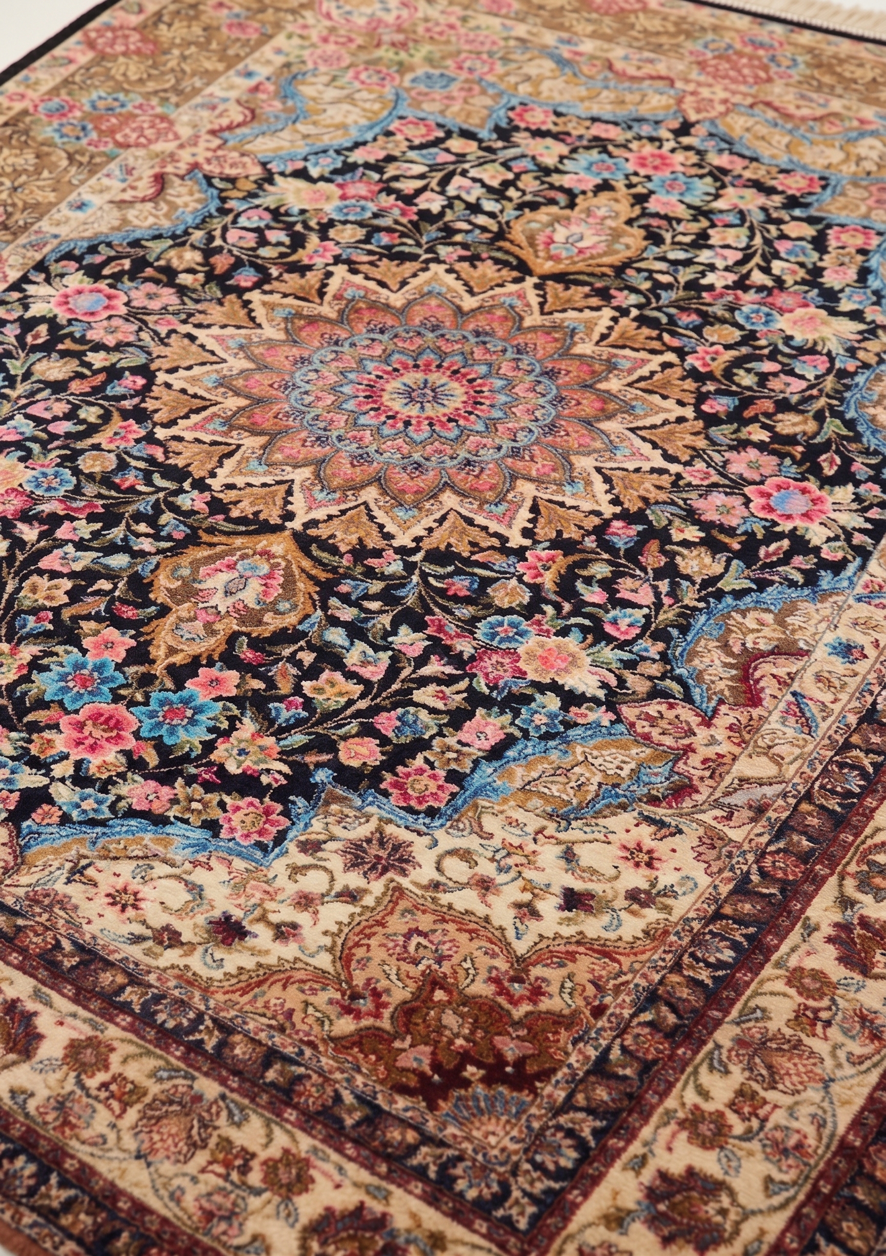 Qom Medallion Floral Black, Qom (Qum), Iran bespoke rug, in midnight black, Jute, 91 × 152 cm (3'0" × 5'0"), Nasim Carpets Malaysia — view 3