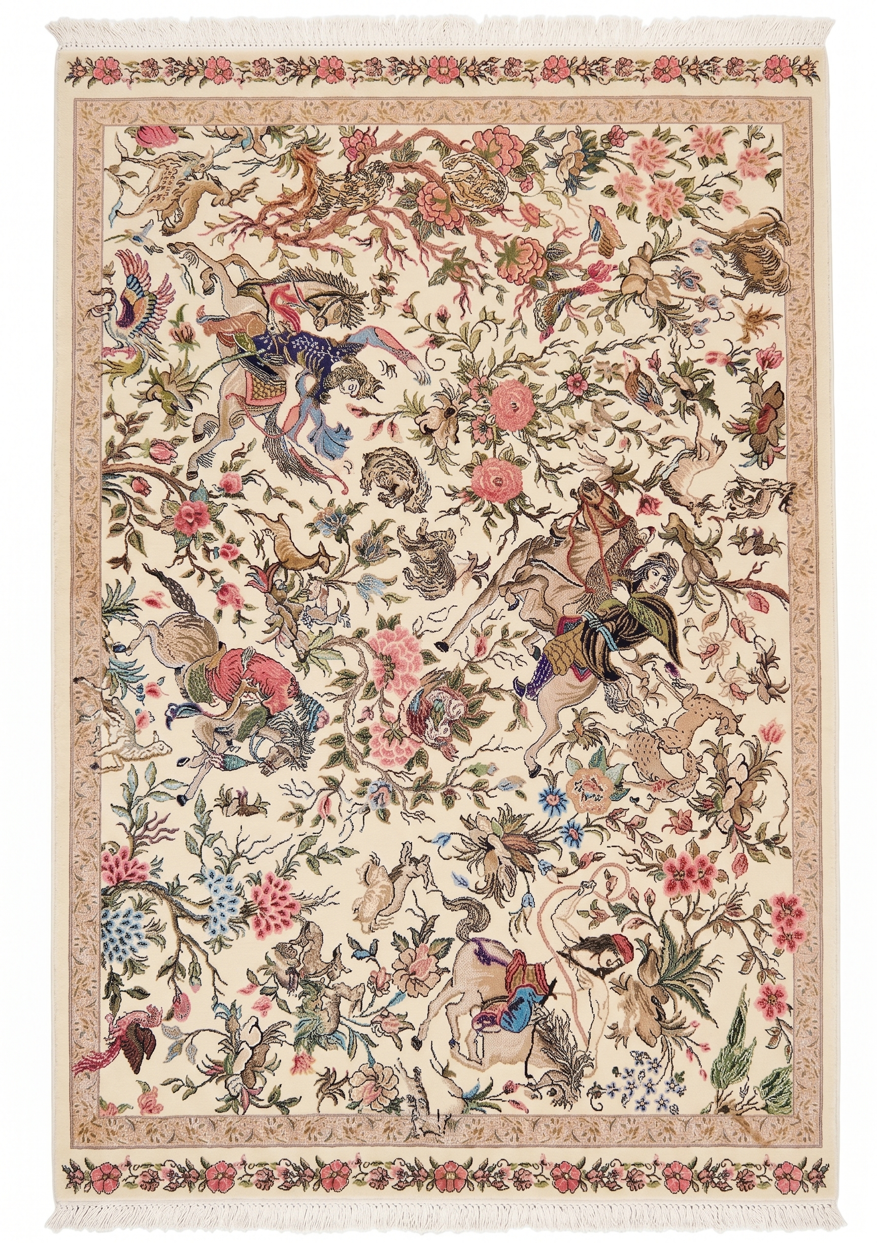 Isfahan Hunting Scene Ivory, Isfahan, Iran bespoke rug, in antique ivory, Jute, 91 × 152 cm (3'0" × 5'0"), Nasim Carpets Malaysia