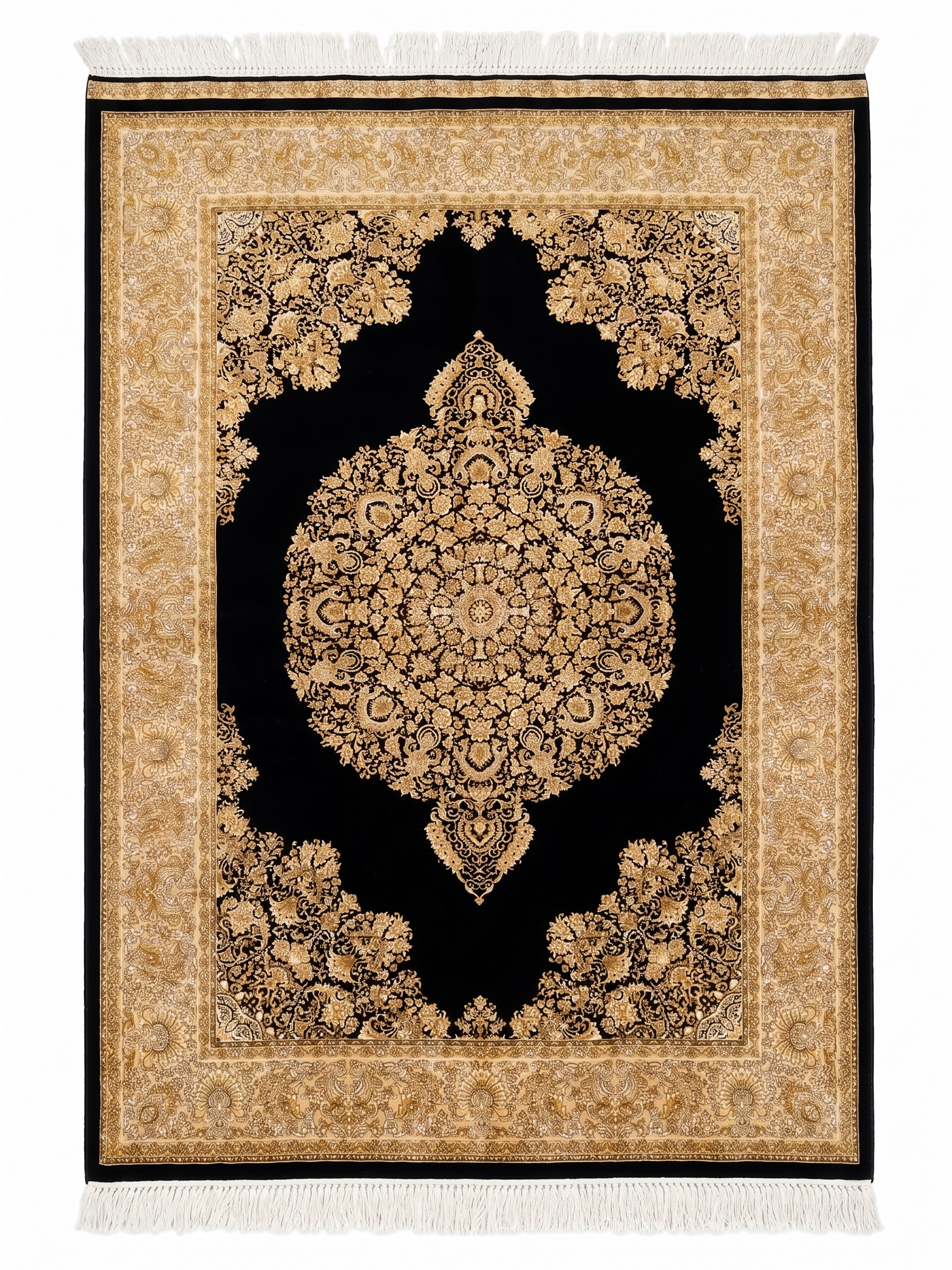 Qum Medallion Black Gold, Qum, Iran bespoke rug, in midnight black, Jute, 91 × 152 cm (3'0" × 5'0"), Nasim Carpets Malaysia
