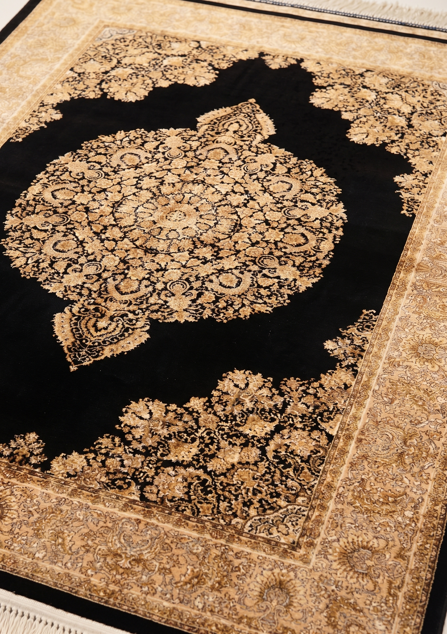 Qum Medallion Black Gold, Qum, Iran bespoke rug, in midnight black, Jute, 91 × 152 cm (3'0" × 5'0"), Nasim Carpets Malaysia — view 3