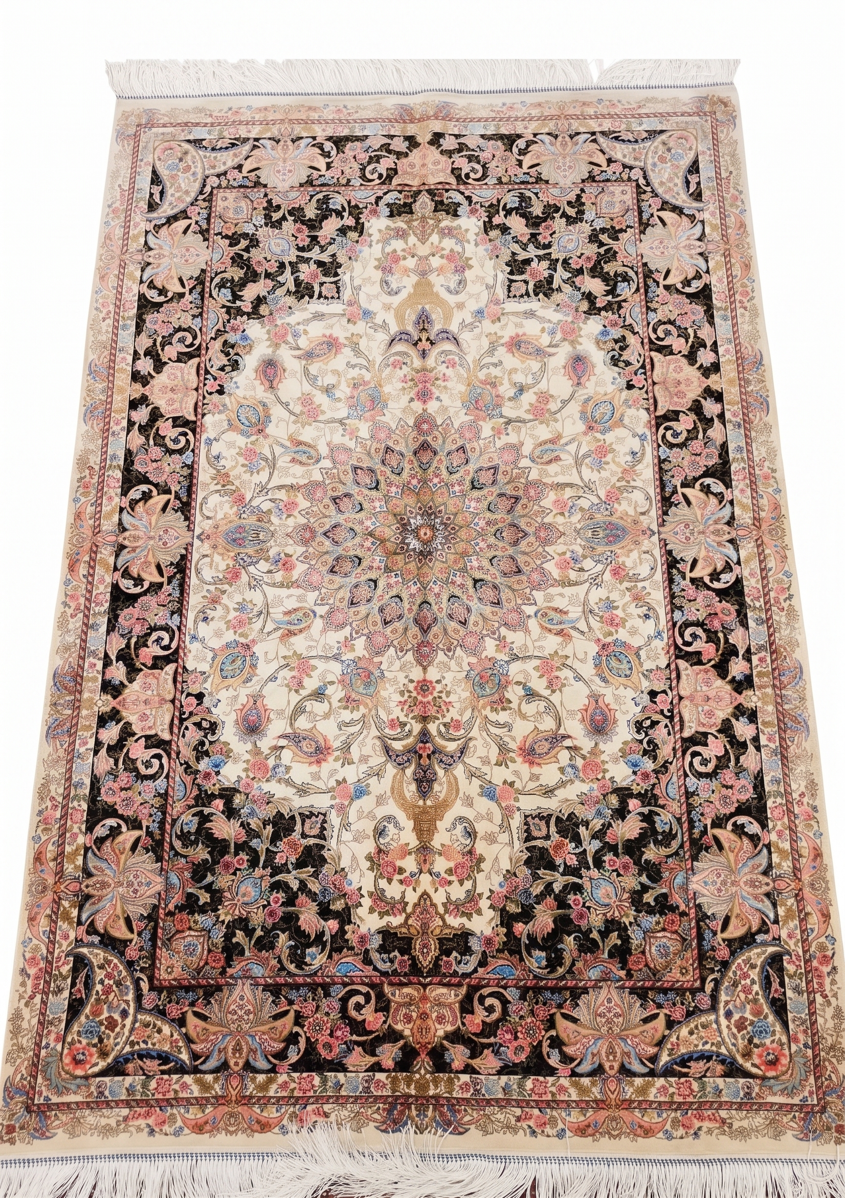 Tabriz Medallion Floral Ivory Black, Tabriz, Iran bespoke rug, in ivory cream, Jute, 91 × 152 cm (3'0" × 5'0"), Nasim Carpets Malaysia