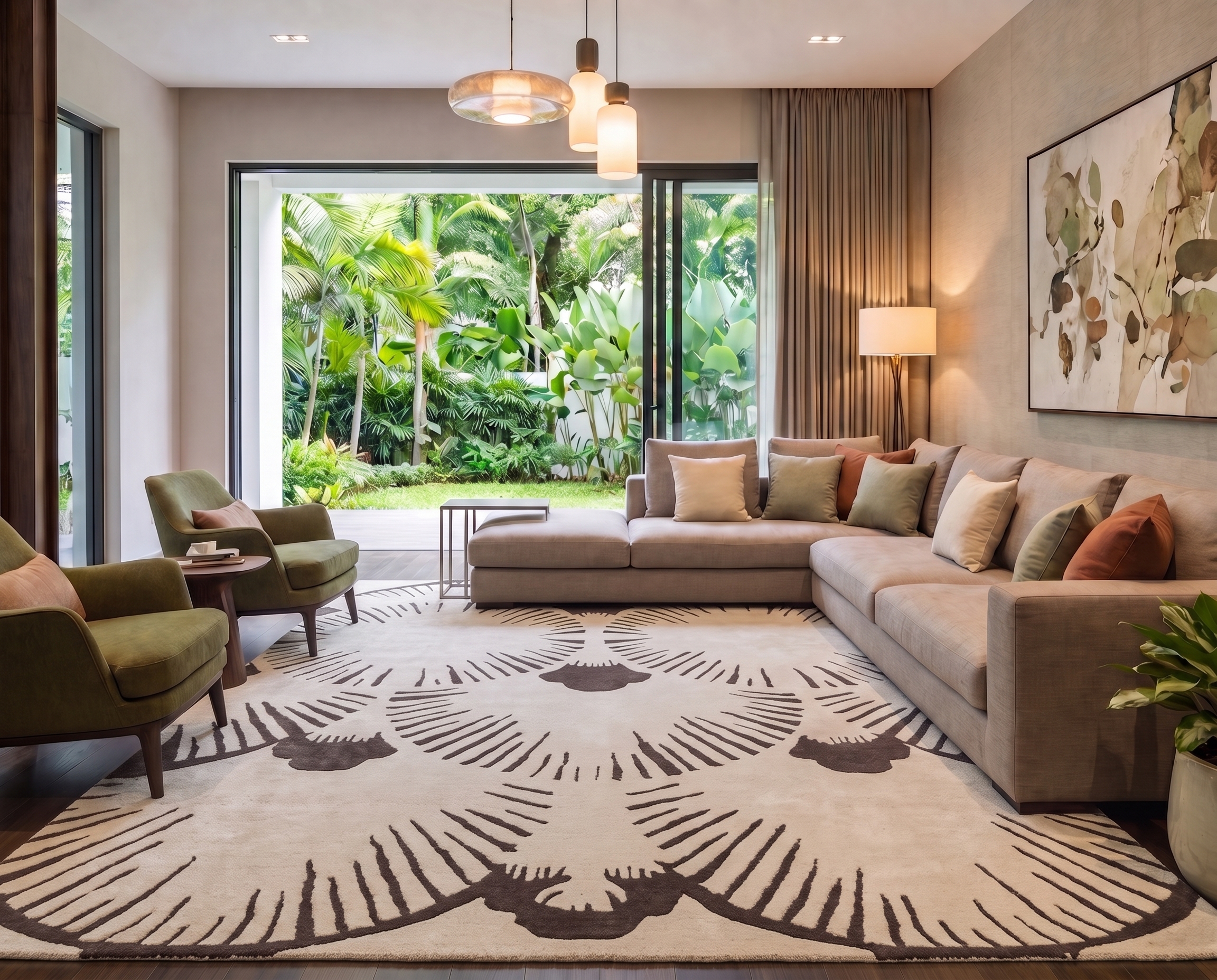 Contemporary Fan Medallion Ivory Taupe, India (Contemporary Designer, likely Jaipur) bespoke rug, in ivory, Wool, 91 × 152 cm (3'0" × 5'0"), Nasim Carpets Malaysia — view 2