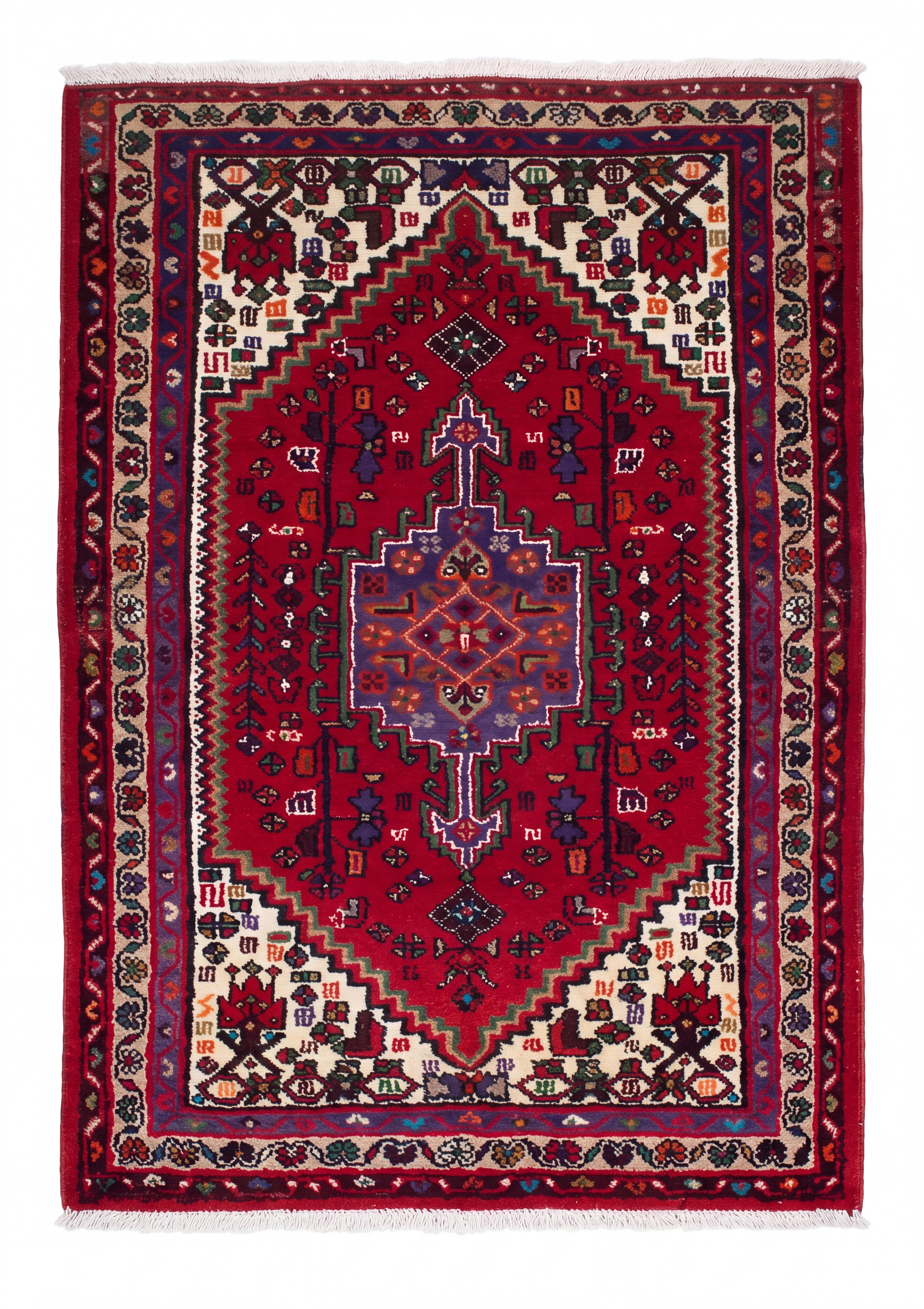 Hamadan Medallion Red Blue, Hamadan tribal rug, in madder red, Wool, 91 × 152 cm (3'0" × 5'0"), Nasim Carpets Malaysia — view 1