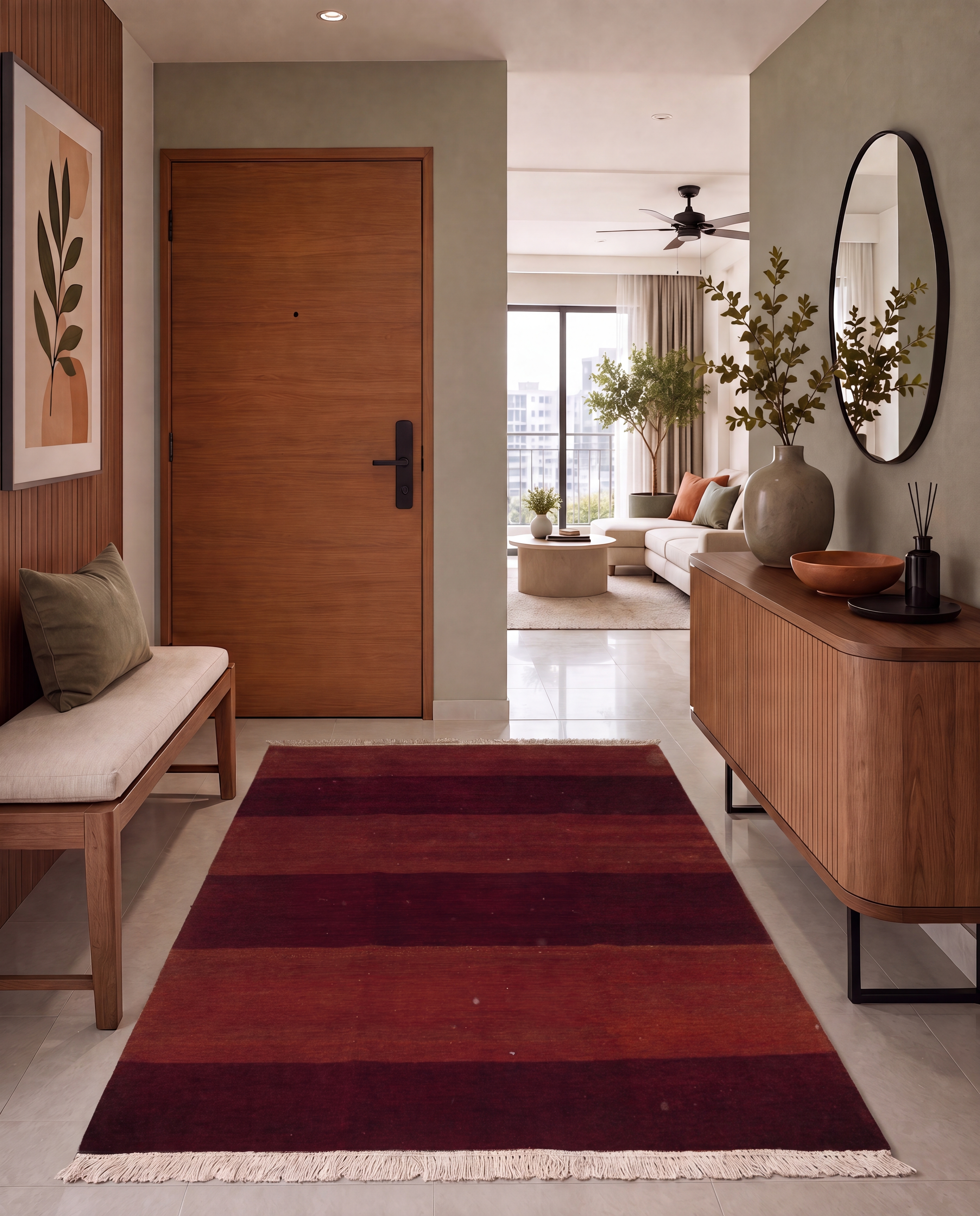 Indo-Gabbeh Stripe Burgundy, Indo-Gabbeh, India (inspired by Lori-Qashqai Gabbeh tradition, Iran) modern rug, in burgundy, Wool, 131 × 195 cm (4'4" × 6'5"), Nasim Carpets Malaysia — view 2