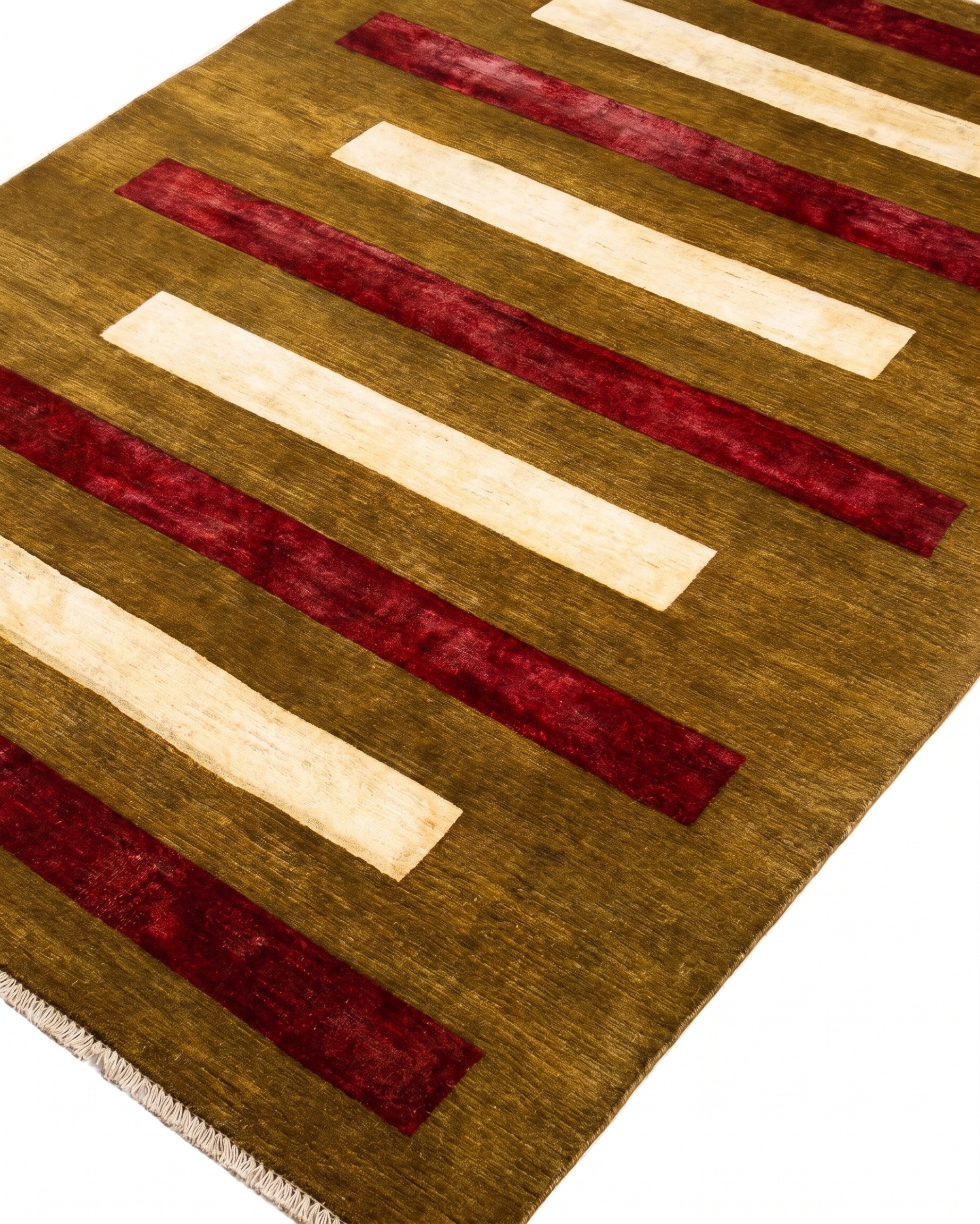 Pakistani Gabbeh Horizontal Stripe Olive, Pakistan modern rug, in olive brown, Wool, 183 × 283 cm (6'0" × 9'3"), Nasim Carpets Malaysia — view 3