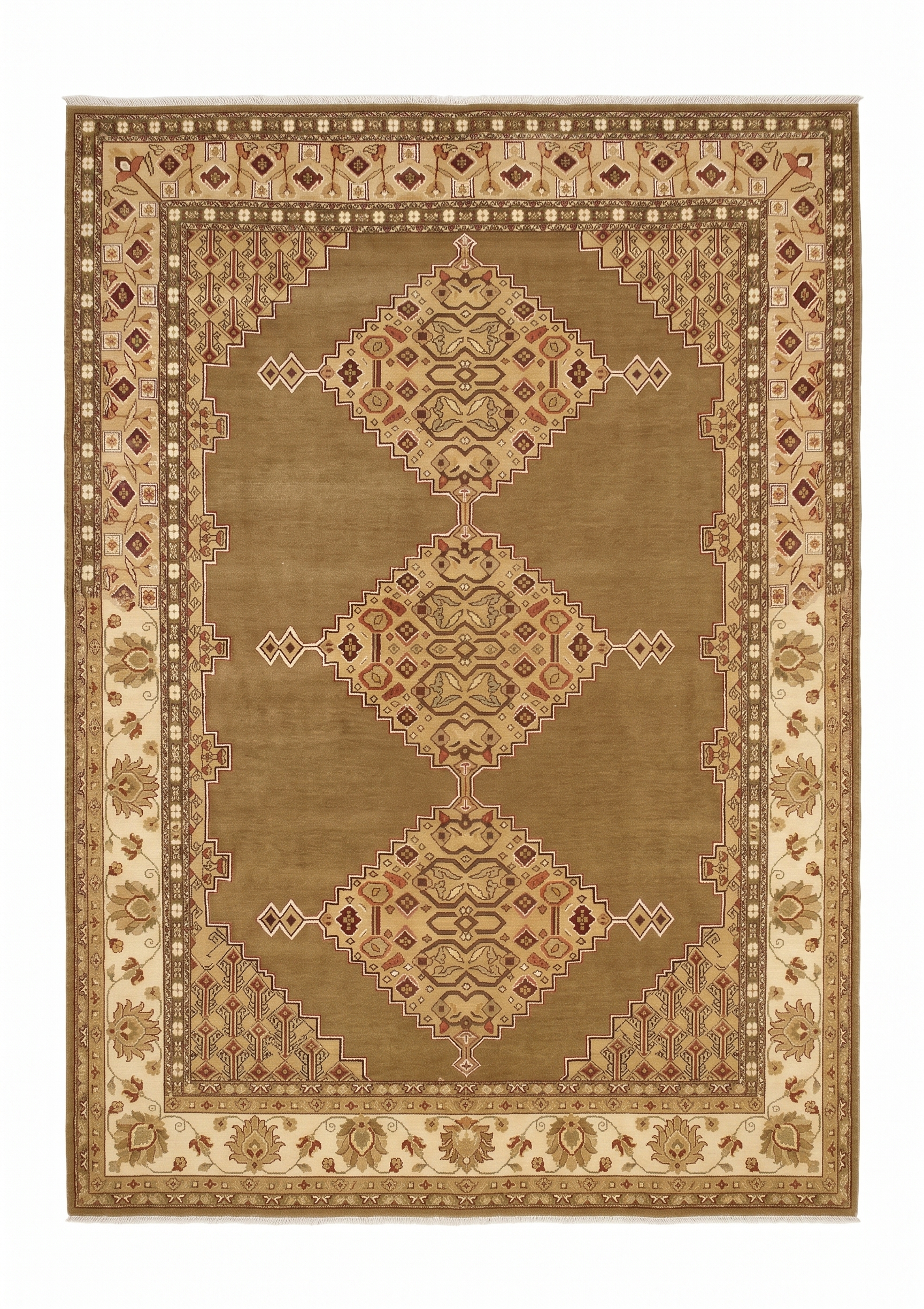 Serapi Medallion Khaki, Heriz-Serapi, Northwest Iran tribal rug, in warm khaki brown, Wool, 244 × 314 cm (8'0" × 10'4"), Nasim Carpets Malaysia — view 1