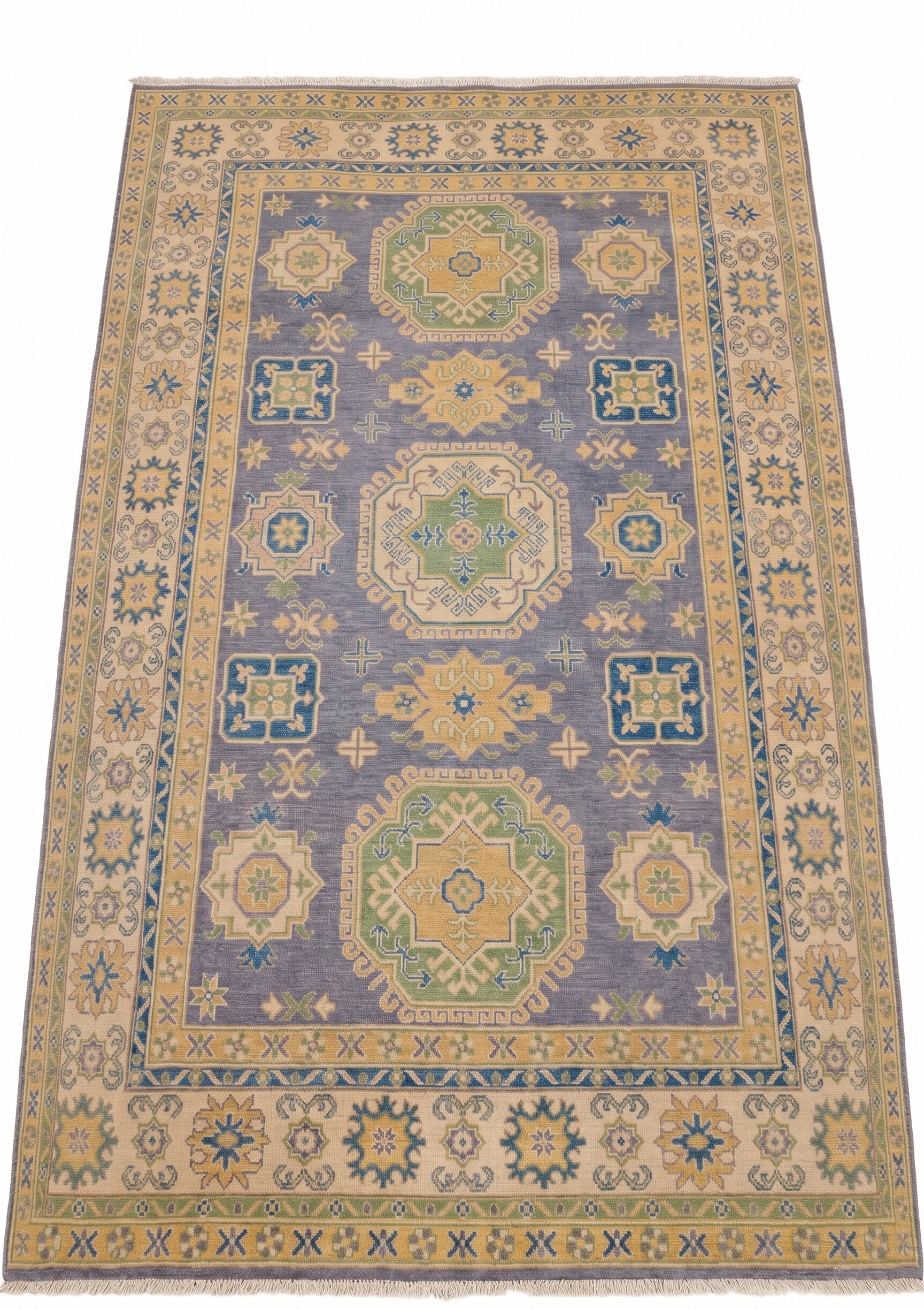 Kazak Medallion Slate Blue, Kazak, Caucasus (Afghan-woven in Caucasian Kazak tradition) tribal rug, in slate blue, Wool, 201 × 302 cm (6'7" × 9'11"), Nasim Carpets Malaysia — view 1