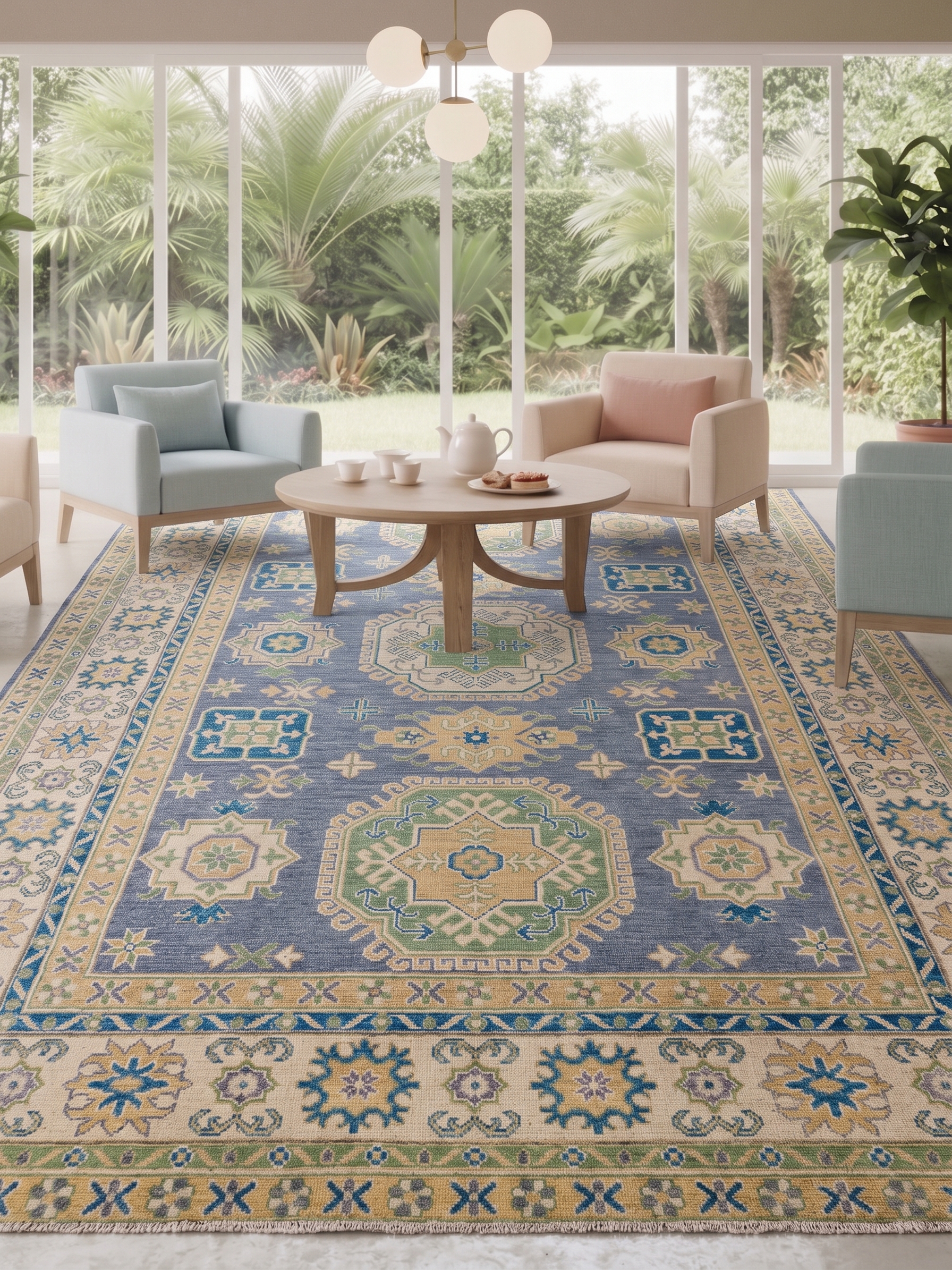 Kazak Medallion Slate Blue, Kazak, Caucasus (Afghan-woven in Caucasian Kazak tradition) tribal rug, in slate blue, Wool, 201 × 302 cm (6'7" × 9'11"), Nasim Carpets Malaysia — view 2