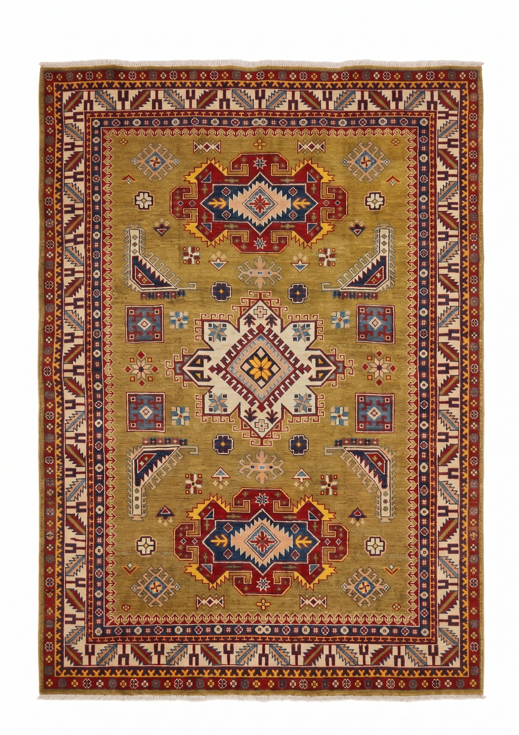 Kazak Medallion Olive Gold, Kazak, Afghanistan (Afghan-Kazak) tribal rug, in olive gold, Wool, 180 × 244 cm (5'11" × 8'0"), Nasim Carpets Malaysia — view 1