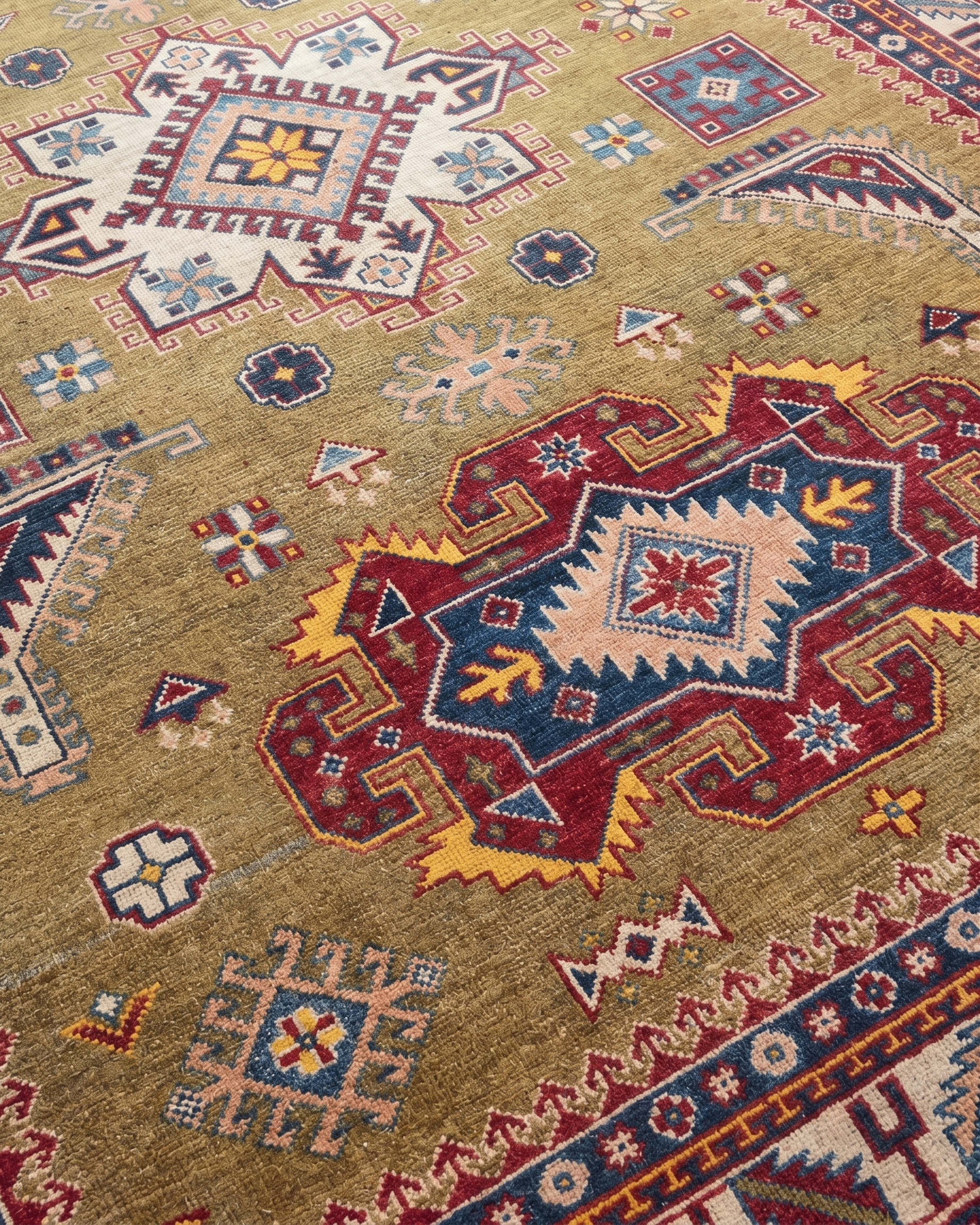 Kazak Medallion Olive Gold, Kazak, Afghanistan (Afghan-Kazak) tribal rug, in olive gold, Wool, 180 × 244 cm (5'11" × 8'0"), Nasim Carpets Malaysia — view 3
