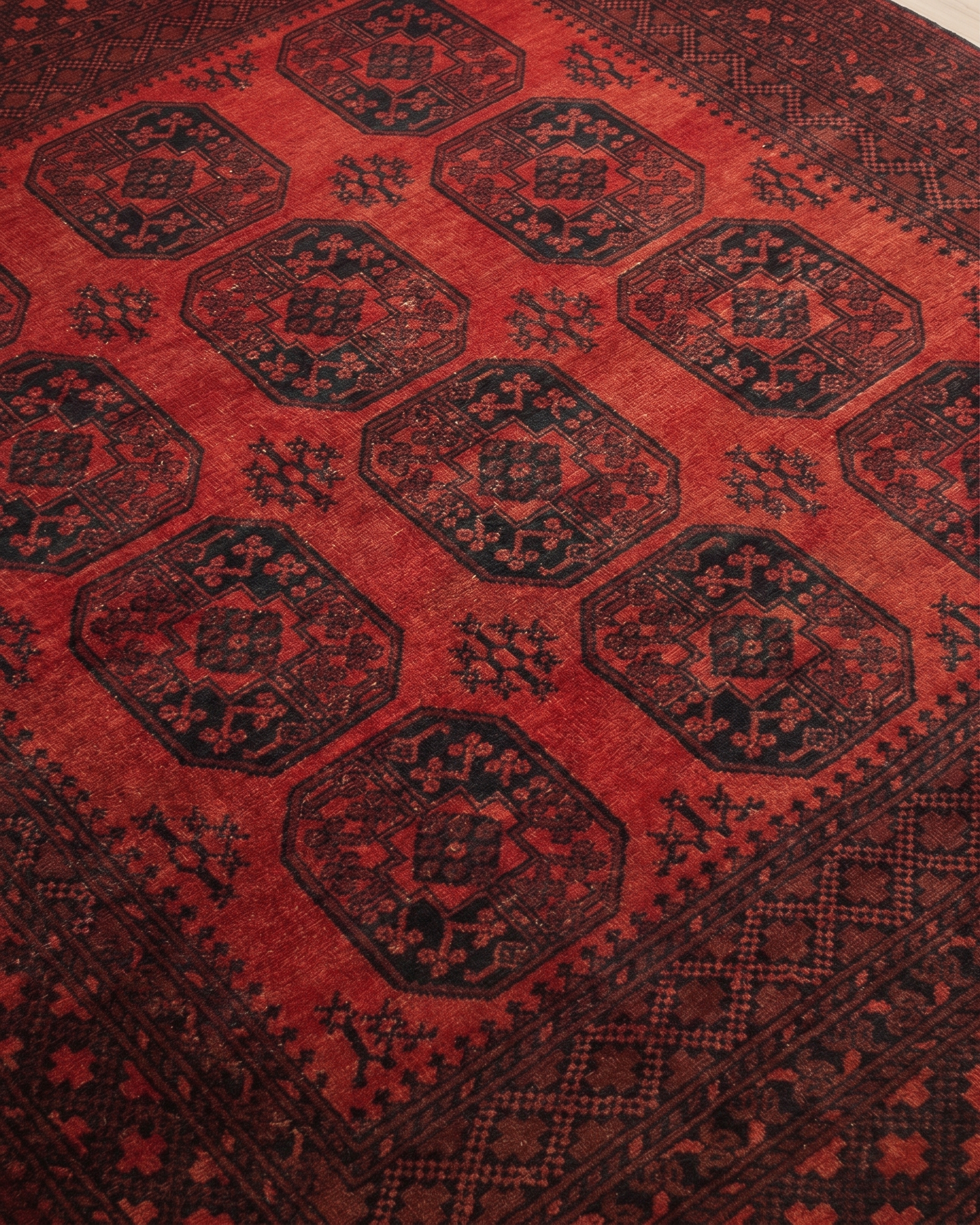 Afghan Ersari Elephant Foot Crimson, Ersari Turkmen, Northern Afghanistan tribal rug, in madder crimson, Wool, 207 × 280 cm (6'9" × 9'2"), Nasim Carpets Malaysia — view 3