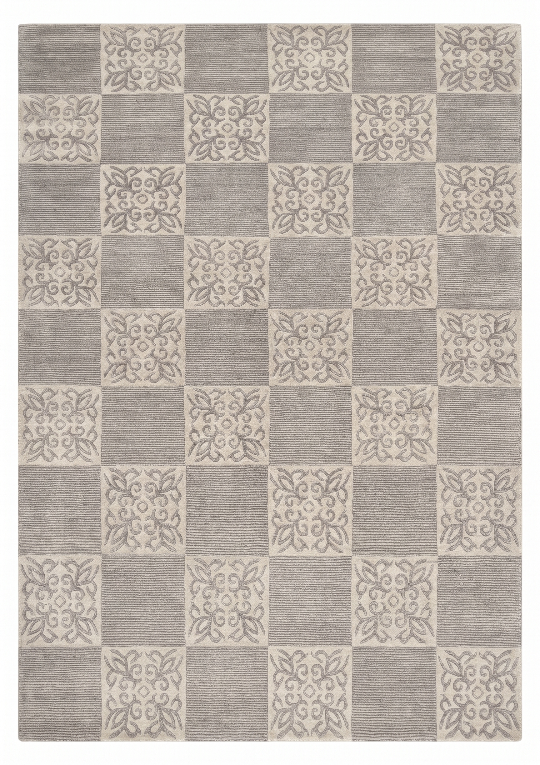 Tibetan Checkerboard Floral Silver, Tibet modern rug, in silver grey, Wool & Pure Silk, 210 × 305 cm (6'11" × 10'0"), Nasim Carpets Malaysia — view 1