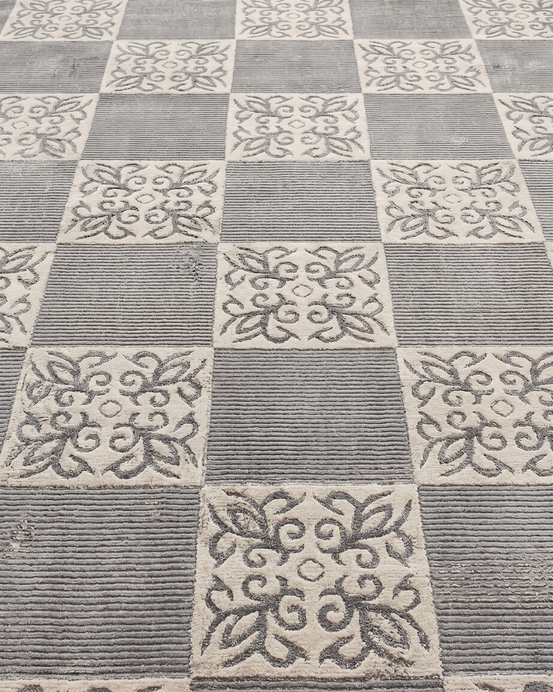 Tibetan Checkerboard Floral Silver, Tibet modern rug, in silver grey, Wool & Pure Silk, 210 × 305 cm (6'11" × 10'0"), Nasim Carpets Malaysia — view 3