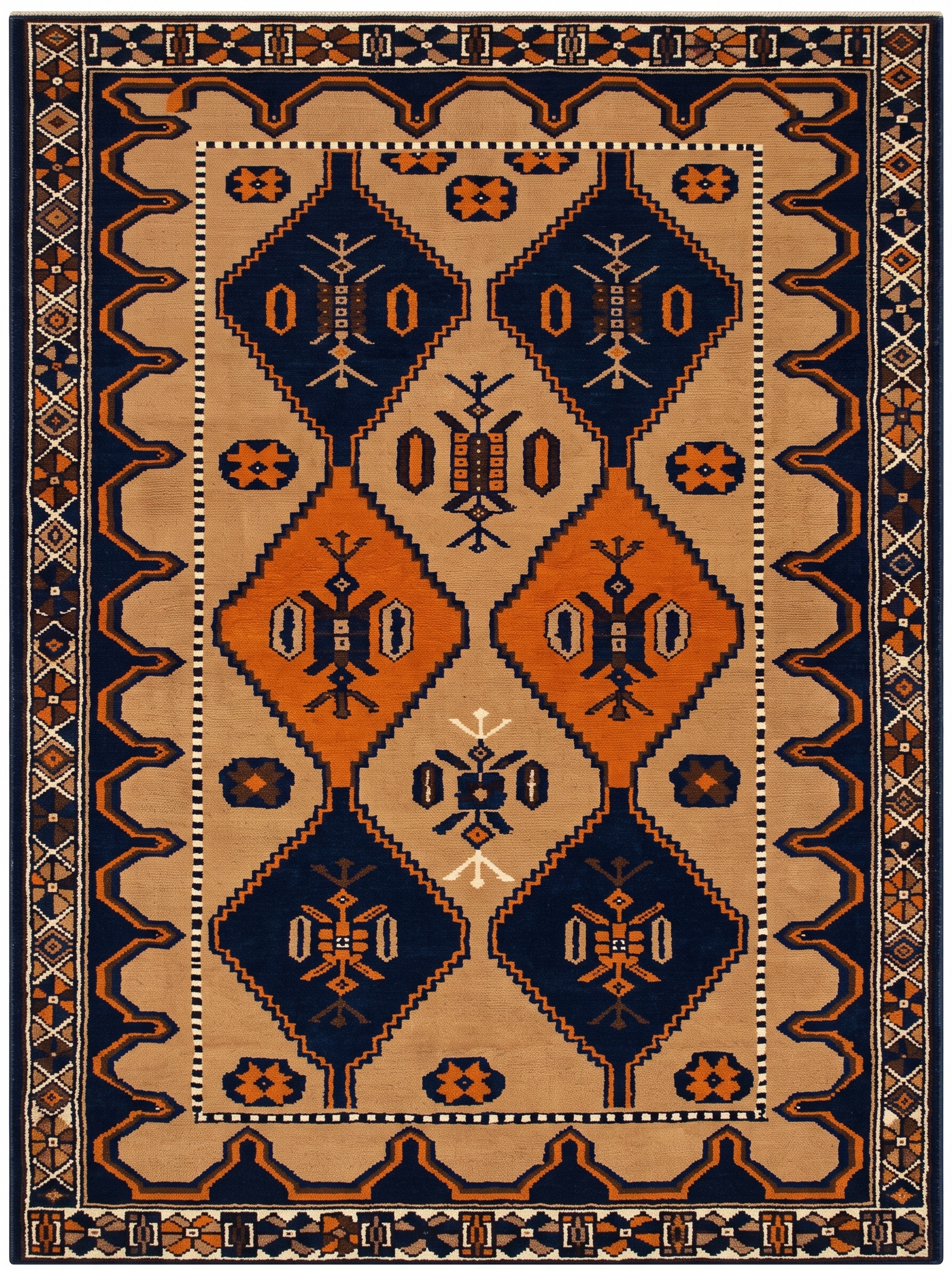 Baluch Geometric Diamond Navy Orange, Baluchistan, Afghanistan-Iran Border Region tribal rug, in burnt orange, Wool, 116 × 183 cm (3'10" × 6'0"), Nasim Carpets Malaysia