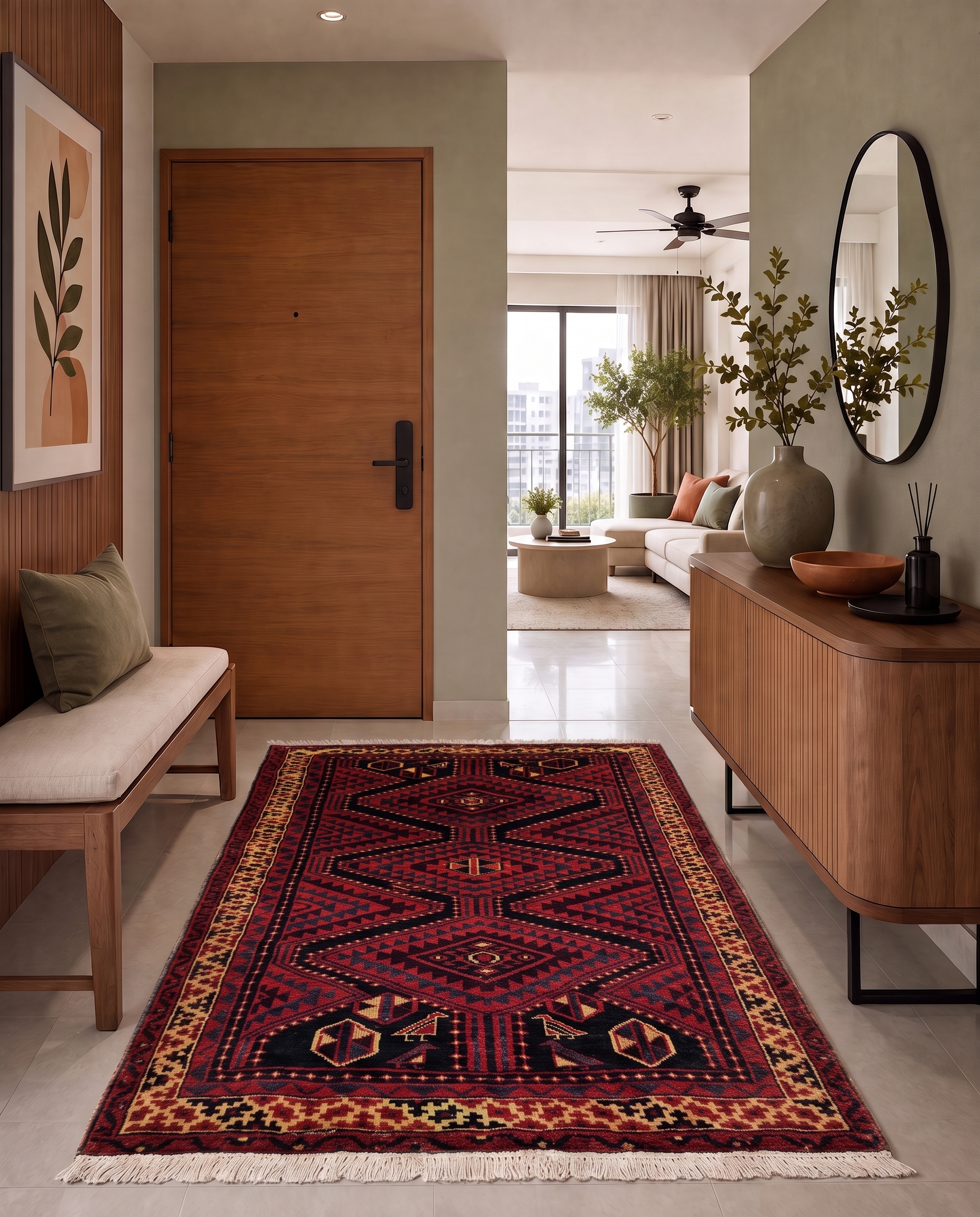 Baluch Geometric Medallion Crimson, Baluchistan, Afghanistan-Iran Border Region tribal rug, in crimson red, Wool, 162 × 253 cm (5'4" × 8'4"), Nasim Carpets Malaysia — view 2