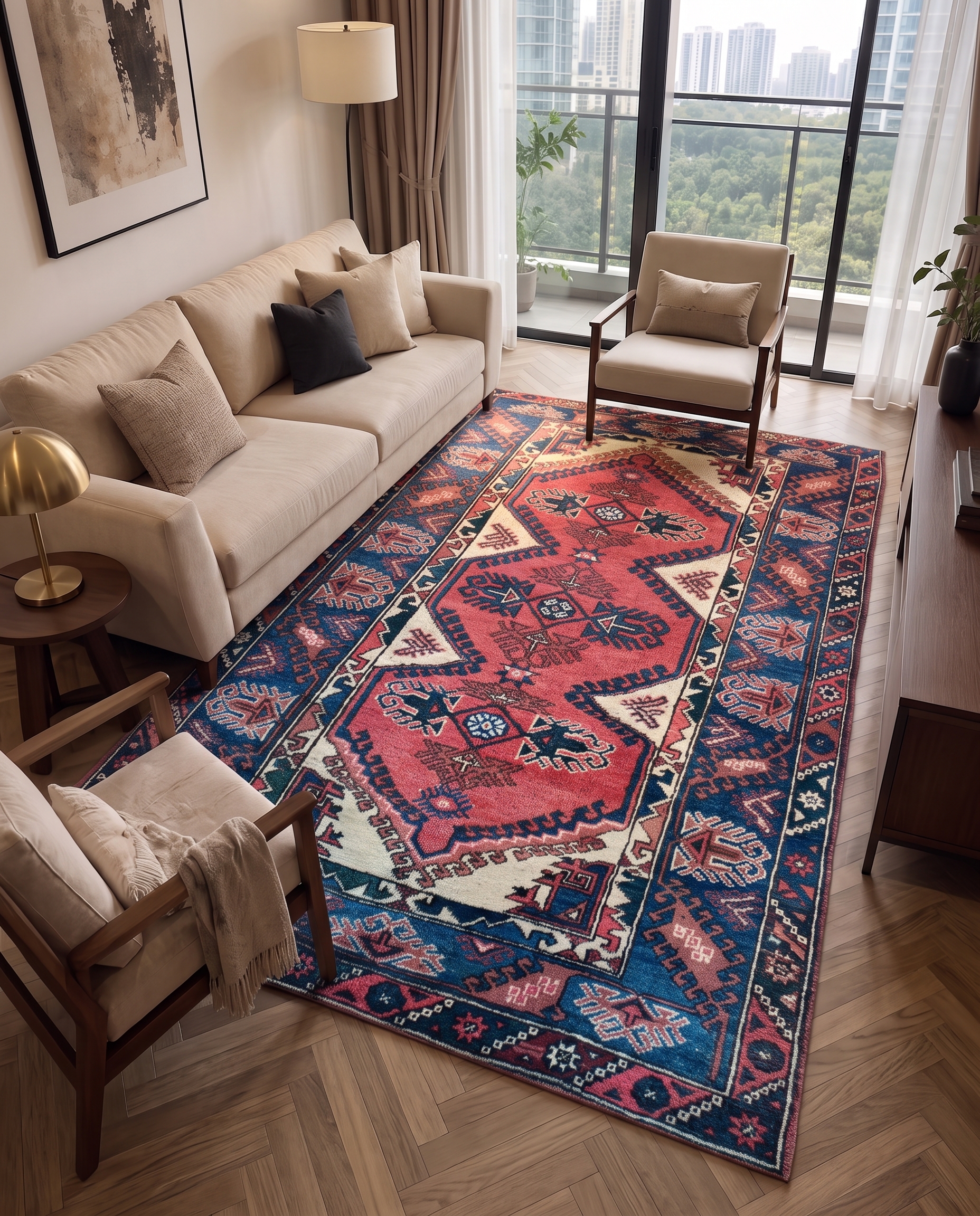 Kazak Medallion Crimson Blue, Kazak, South Caucasus (Azerbaijan/Armenia border region) tribal rug, in madder crimson, Wool, 4206 × 6401 cm (138'0" × 210'0"), Nasim Carpets Malaysia — view 2