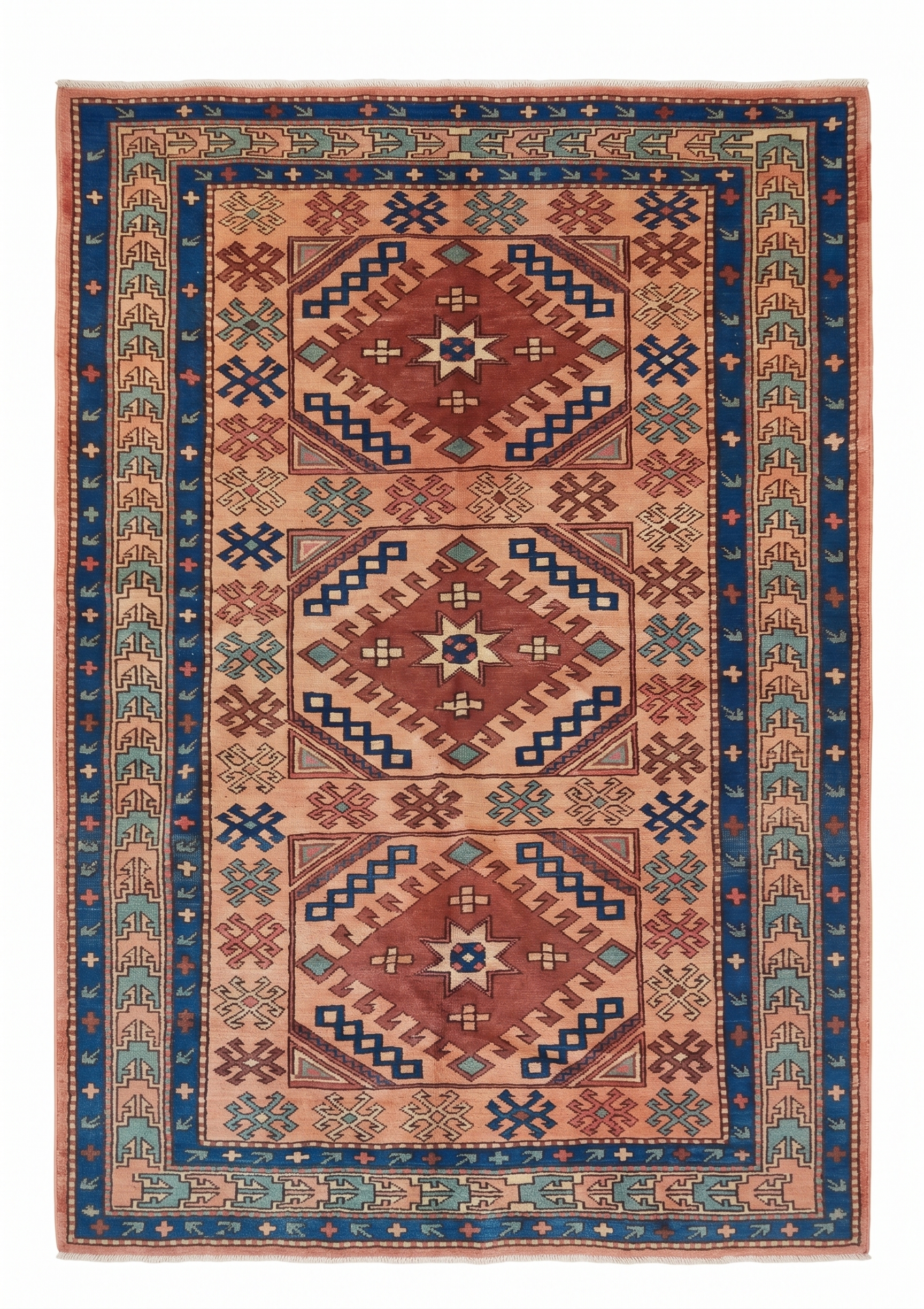 Kazak Medallion Salmon, Kazak, South Caucasus (Azerbaijan/Armenia border region) tribal rug, in salmon rose, Wool, 4420 × 6309 cm (145'0" × 207'0"), Nasim Carpets Malaysia