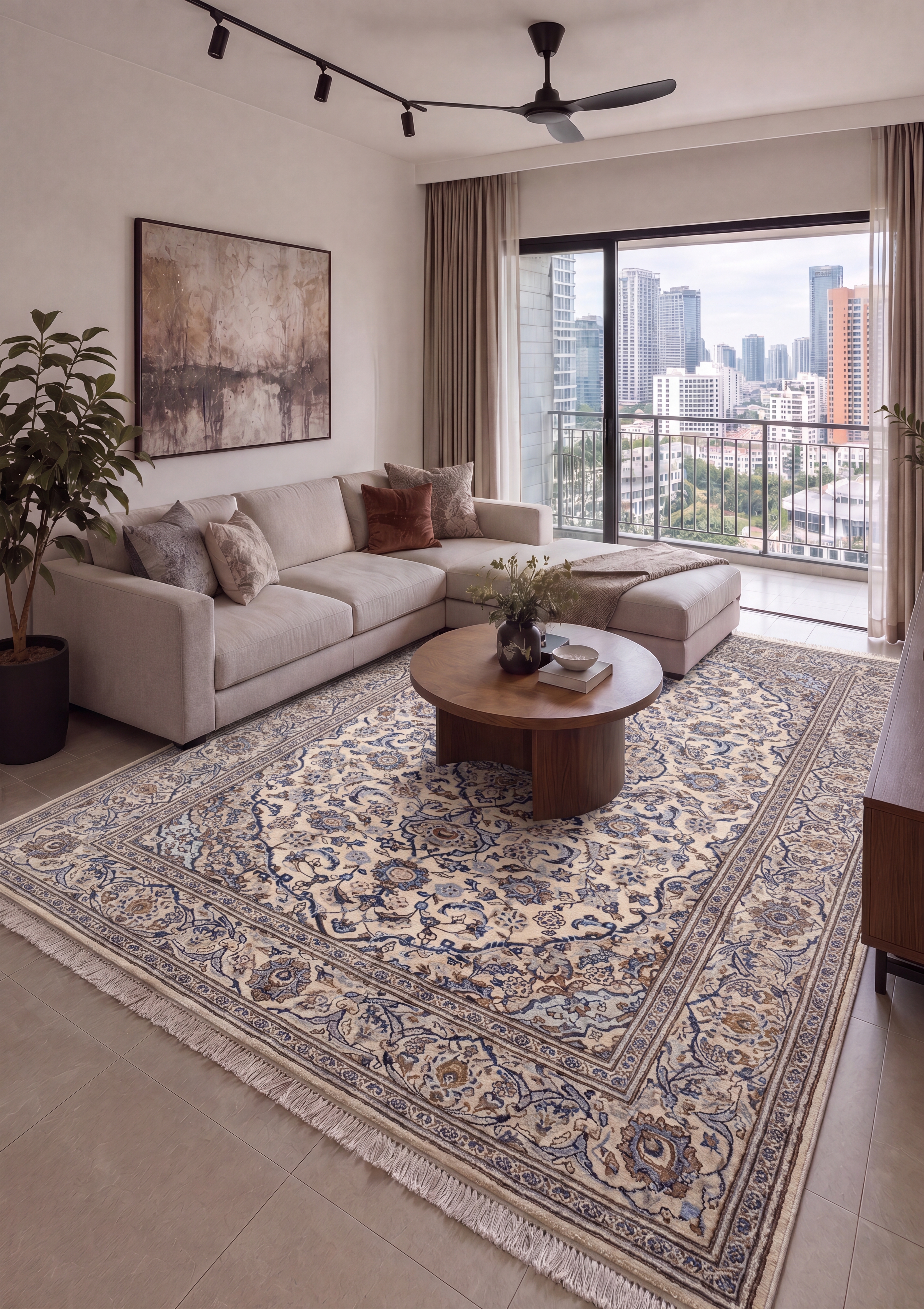 Kashan Medallion Ivory Blue, Kashan, Iran persian rug, in ivory, Wool, 207 × 283 cm (6'9" × 9'3"), Nasim Carpets Malaysia — view 2