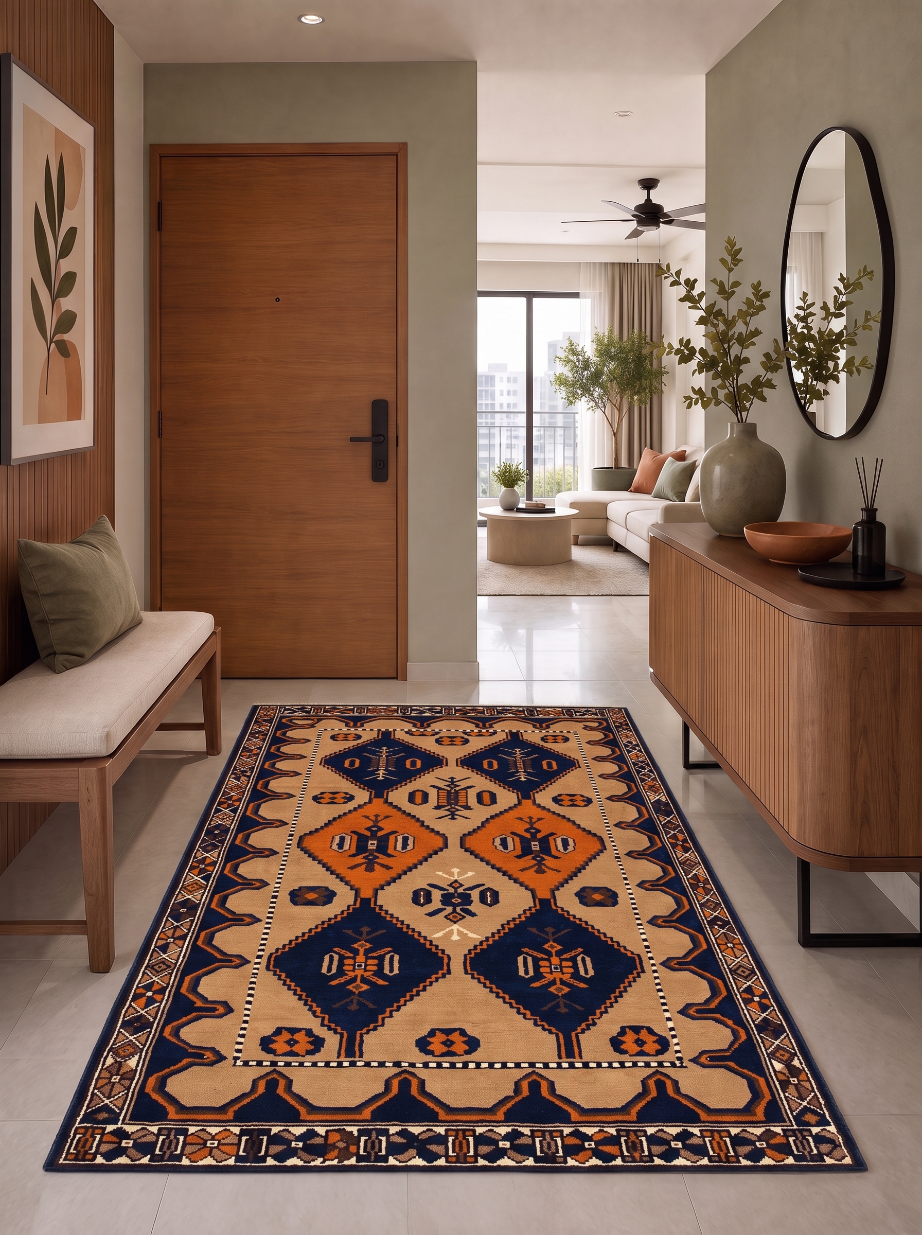 Baluch Geometric Diamond Navy Orange, Baluchistan, Afghanistan-Iran Border Region tribal rug, in burnt orange, Wool, 116 × 183 cm (3'10" × 6'0"), Nasim Carpets Malaysia — view 2
