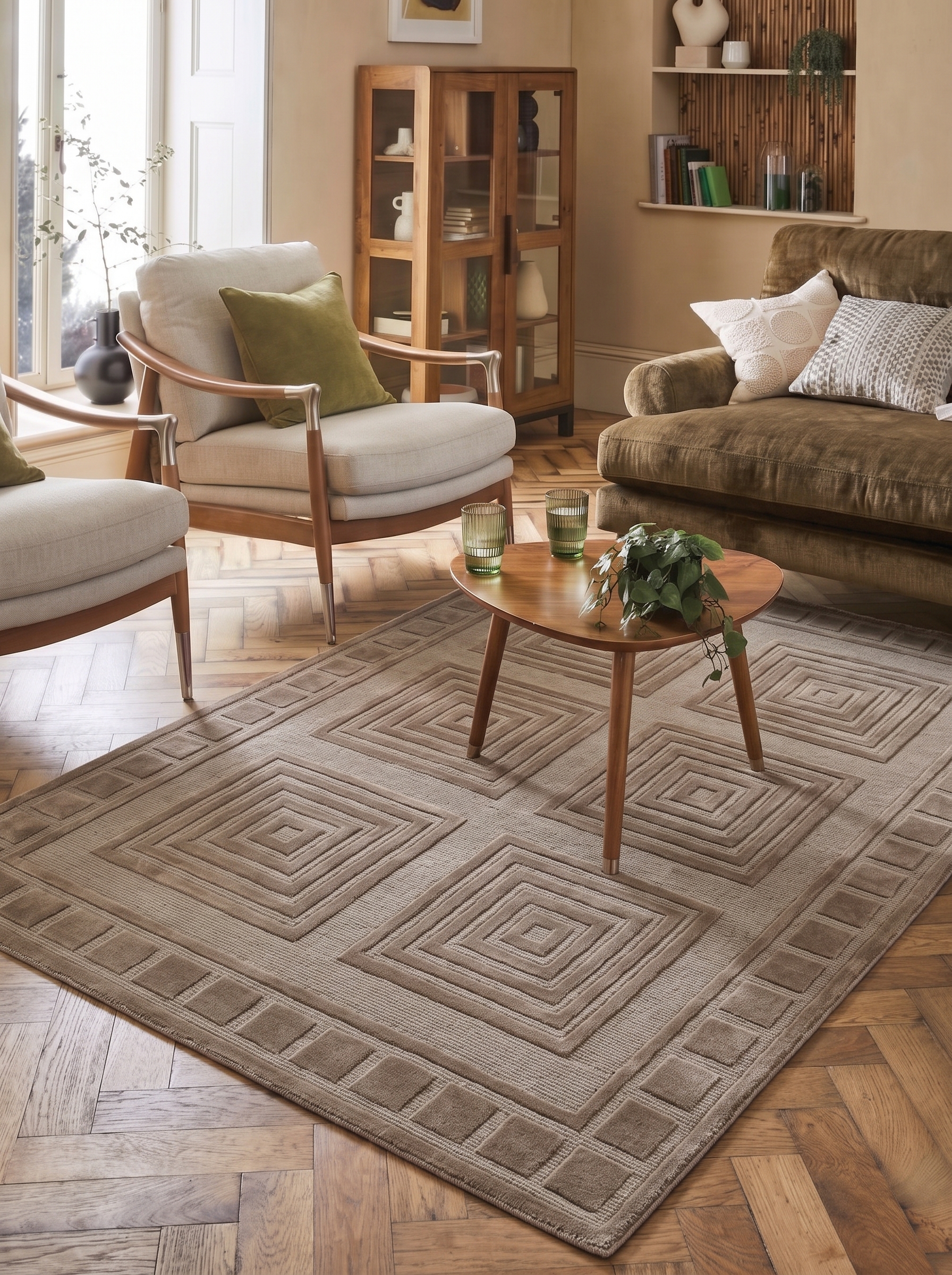 Indo-Nepal Geometric Squares Silver, Indo-Nepali, likely Kathmandu Valley, Nepal modern rug, in silver sage, Wool, 122 × 155 cm (4'0" × 5'1"), Nasim Carpets Malaysia — view 2