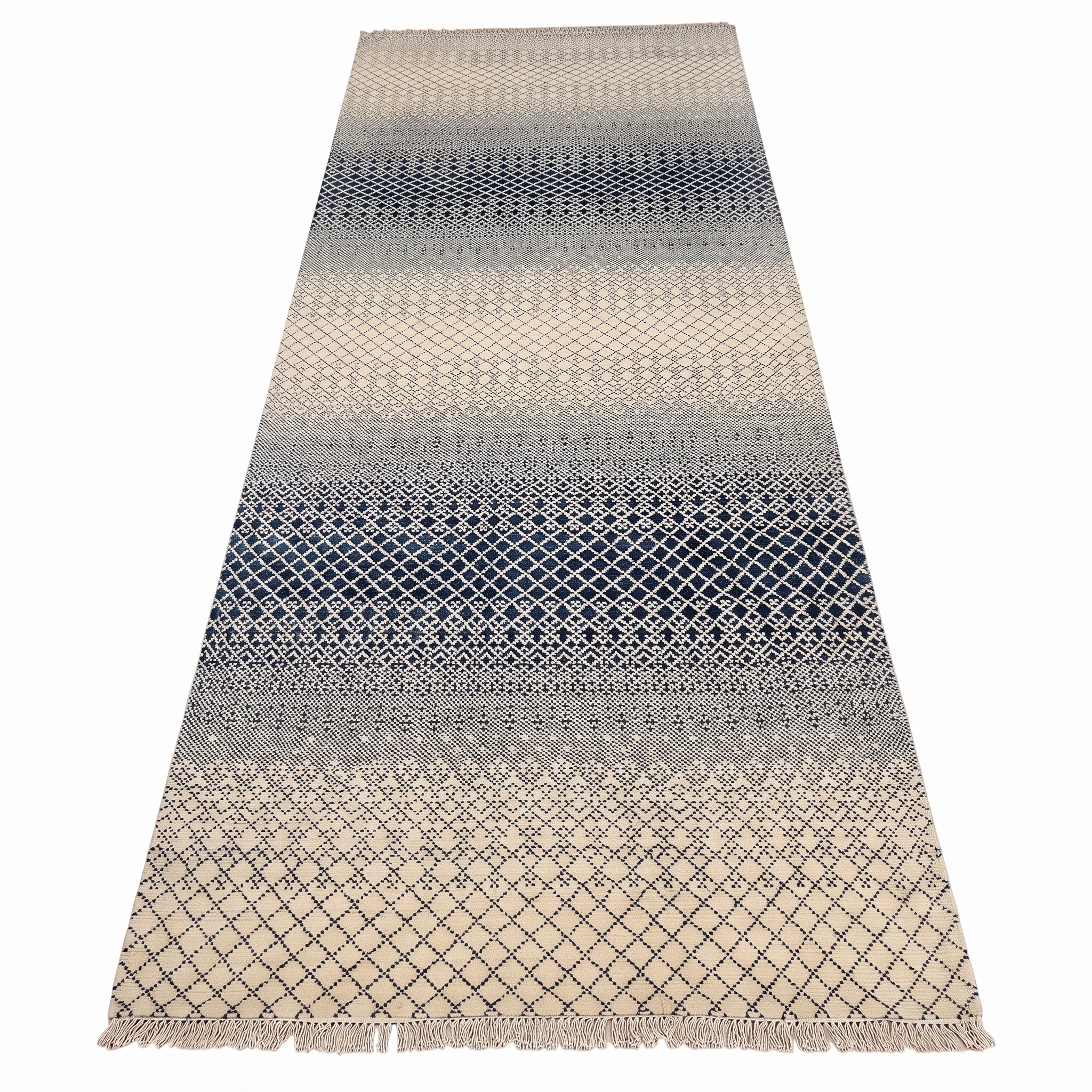 Indo-Modern Ombre Diamond Ivory Navy, Bhadohi, India modern rug, in ivory, Wool, 152 × 366 cm (5'0" × 12'0"), Nasim Carpets Malaysia