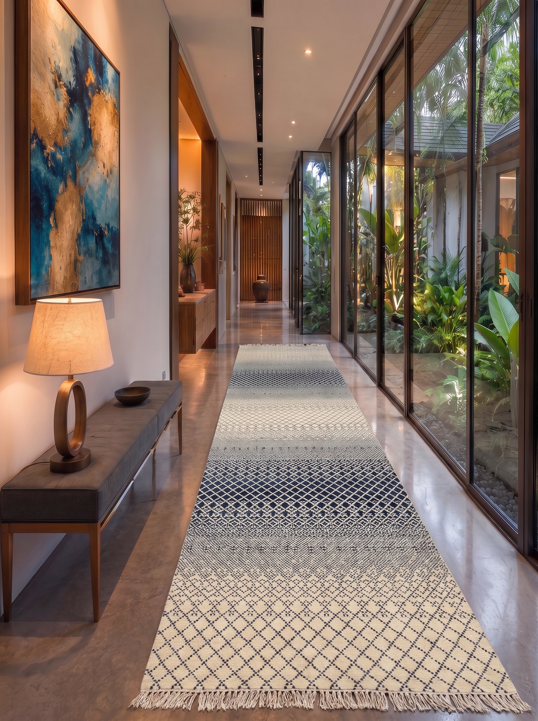 Indo-Modern Ombre Diamond Ivory Navy, Bhadohi, India modern rug, in ivory, Wool, 152 × 366 cm (5'0" × 12'0"), Nasim Carpets Malaysia — view 2