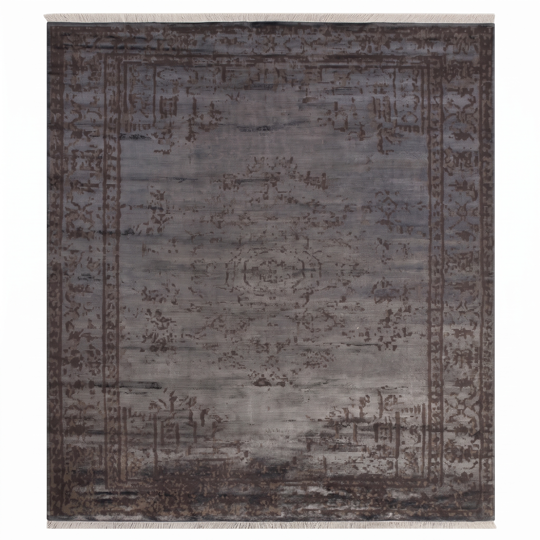 European Erased Medallion Slate Grey, European Modern Interpretation — distressed overdye style originating from Turkish and Persian classical traditions, produced in contemporary European or Turkish machine-weaving centres modern rug, in slate grey, Bamboo Silk, 85 × 152 cm (2'9" × 5'0"), Nasim Carpets Malaysia