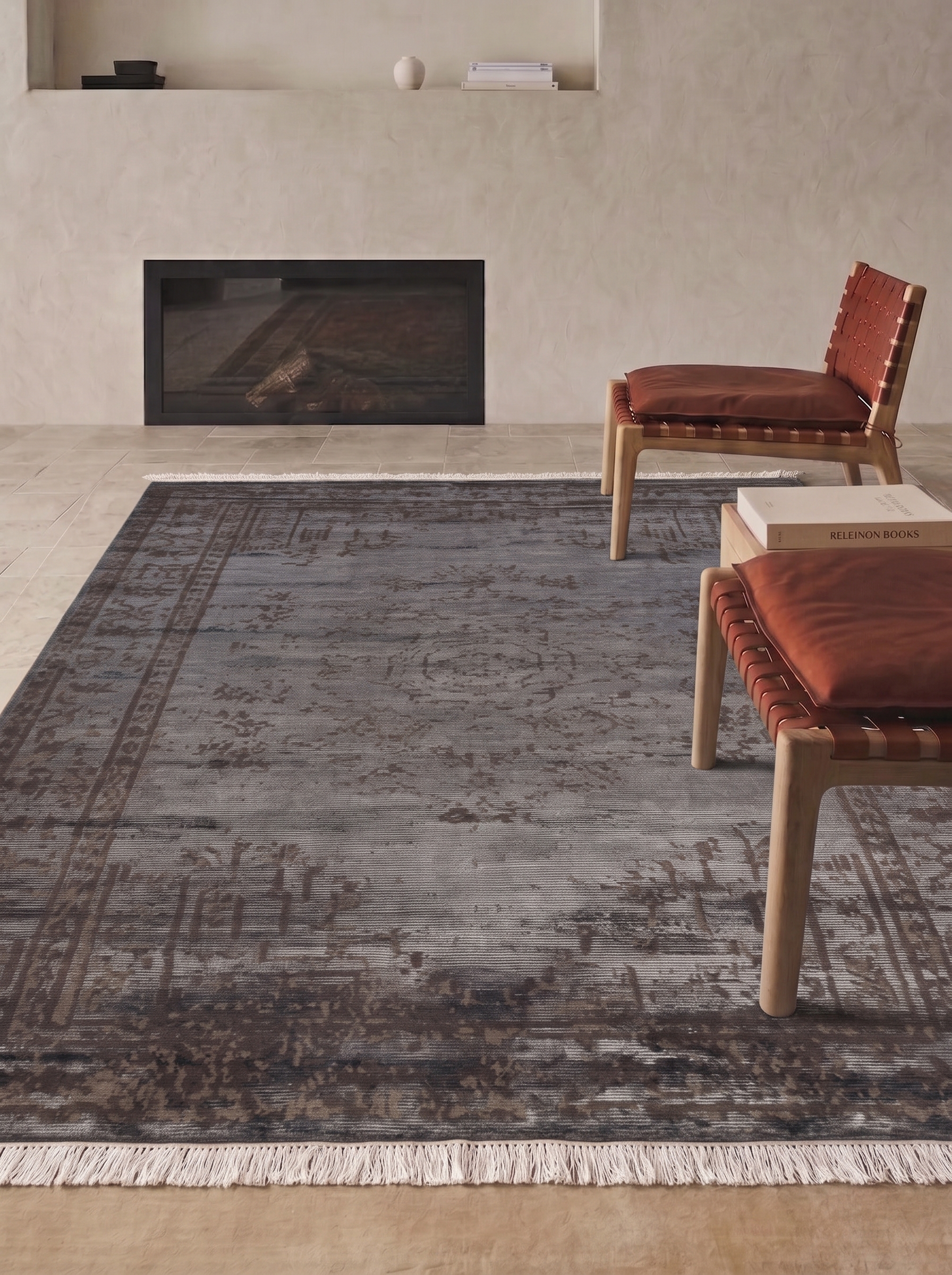 European Erased Medallion Slate Grey, European Modern Interpretation — distressed overdye style originating from Turkish and Persian classical traditions, produced in contemporary European or Turkish machine-weaving centres modern rug, in slate grey, Bamboo Silk, 85 × 152 cm (2'9" × 5'0"), Nasim Carpets Malaysia — view 2
