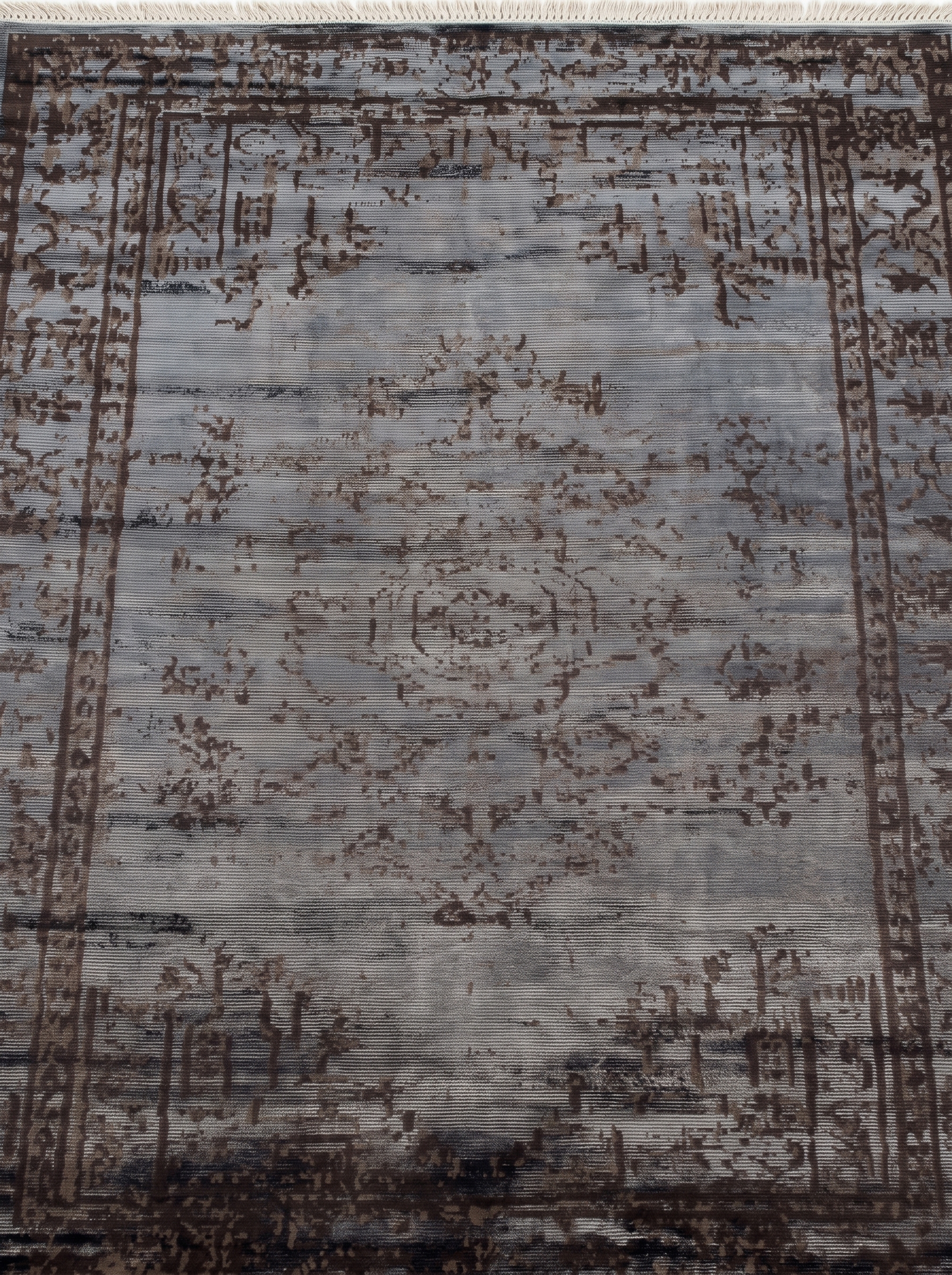 European Erased Medallion Slate Grey, European Modern Interpretation — distressed overdye style originating from Turkish and Persian classical traditions, produced in contemporary European or Turkish machine-weaving centres modern rug, in slate grey, Bamboo Silk, 85 × 152 cm (2'9" × 5'0"), Nasim Carpets Malaysia — view 3