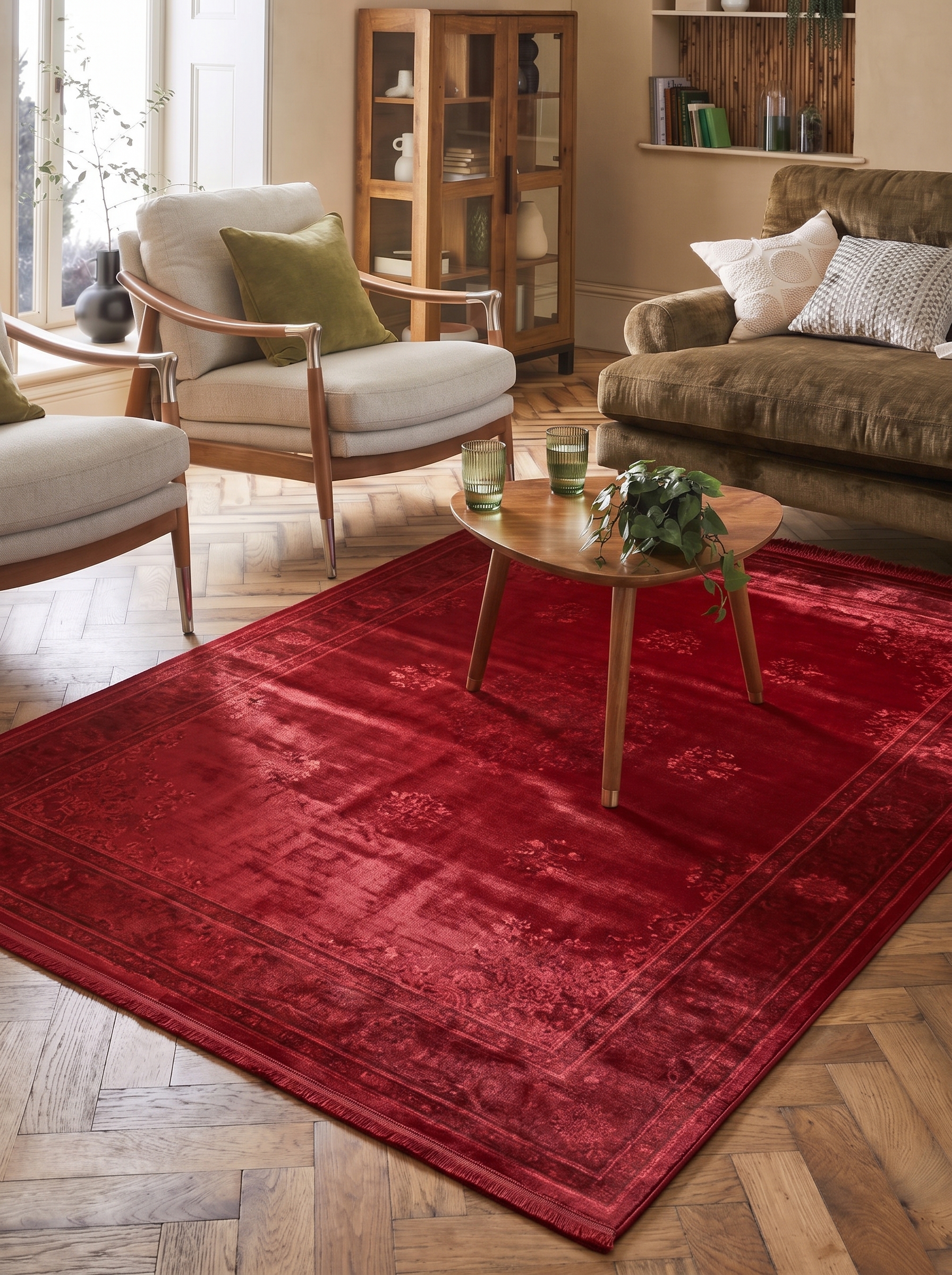 European Distressed Border Crimson, European Modern Design, likely Belgium or Turkey (machine-woven contemporary) modern rug, in crimson red, Bamboo Silk, 85 × 125 cm (2'9" × 4'1"), Nasim Carpets Malaysia — view 2