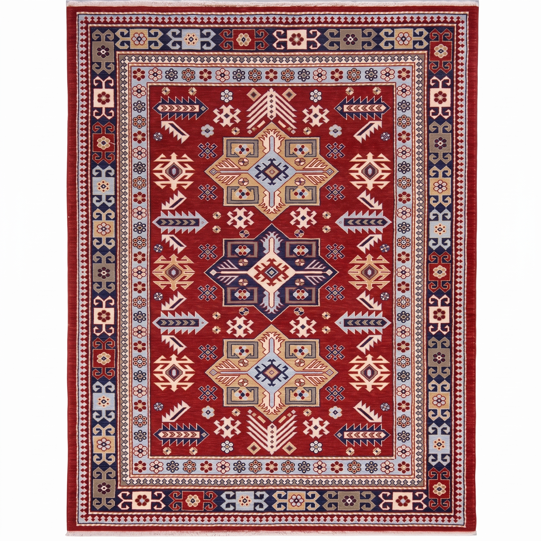 Kazak Medallion Trio Crimson, Kazak, Caucasus (Azerbaijan/Armenia border region) tribal rug, in crimson red, Wool, 137 × 195 cm (4'6" × 6'5"), Nasim Carpets Malaysia