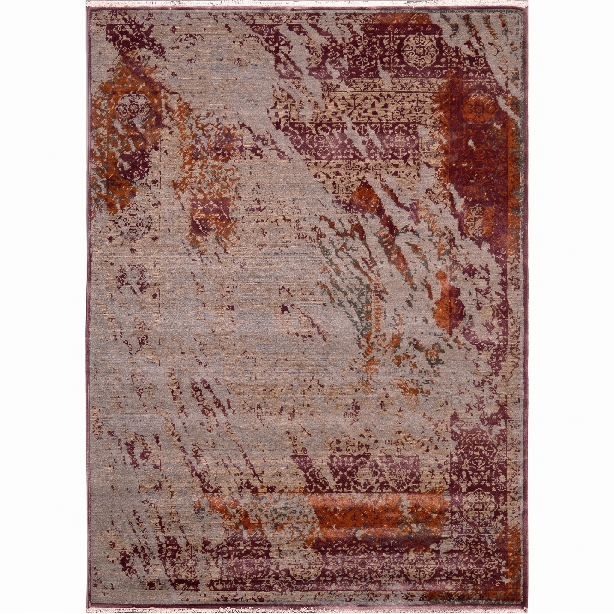 Contemporary Distressed Abstract Plum Rust, European/Belgian Contemporary Design — inspired by deconstructed Persian classical traditions modern rug, in silvered slate, Wool, 162 × 241 cm (5'4" × 7'11"), Nasim Carpets Malaysia