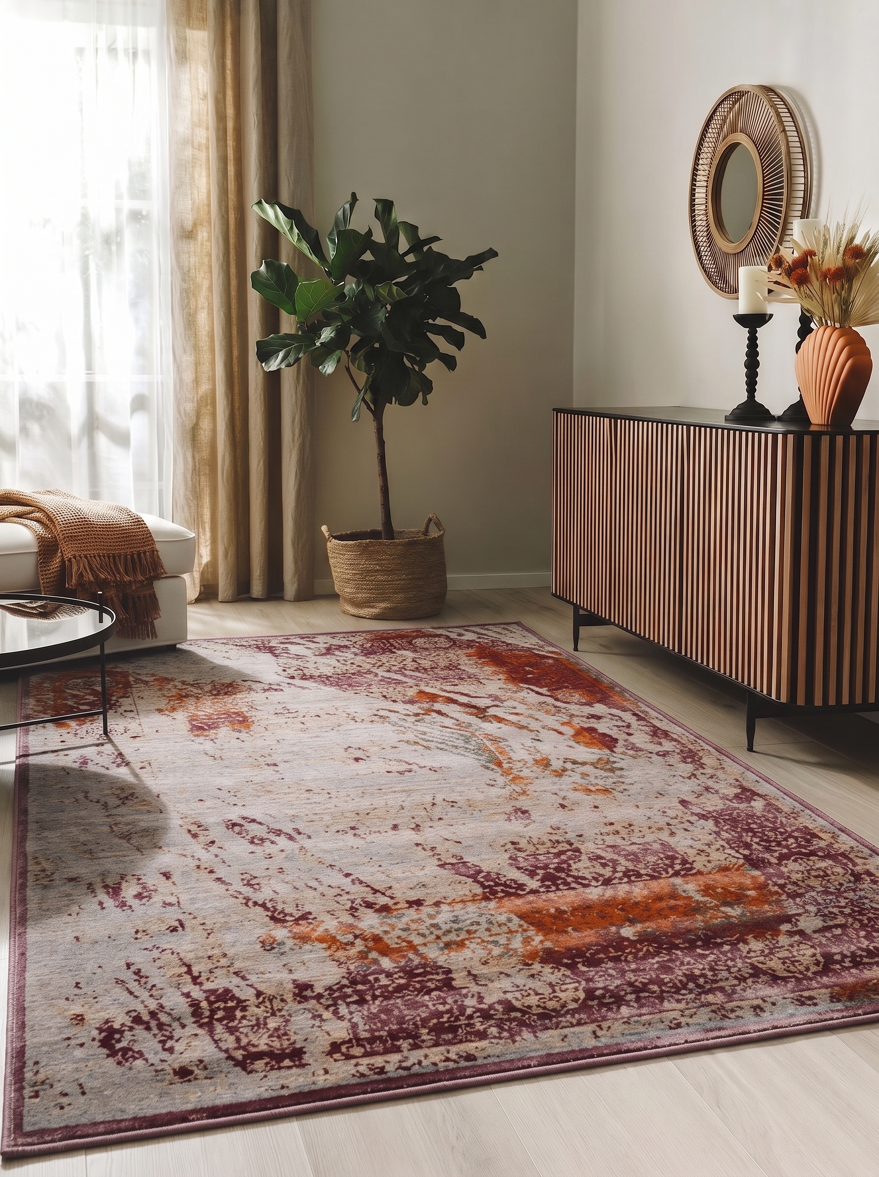 Contemporary Distressed Abstract Plum Rust, European/Belgian Contemporary Design — inspired by deconstructed Persian classical traditions modern rug, in silvered slate, Wool, 162 × 241 cm (5'4" × 7'11"), Nasim Carpets Malaysia — view 2