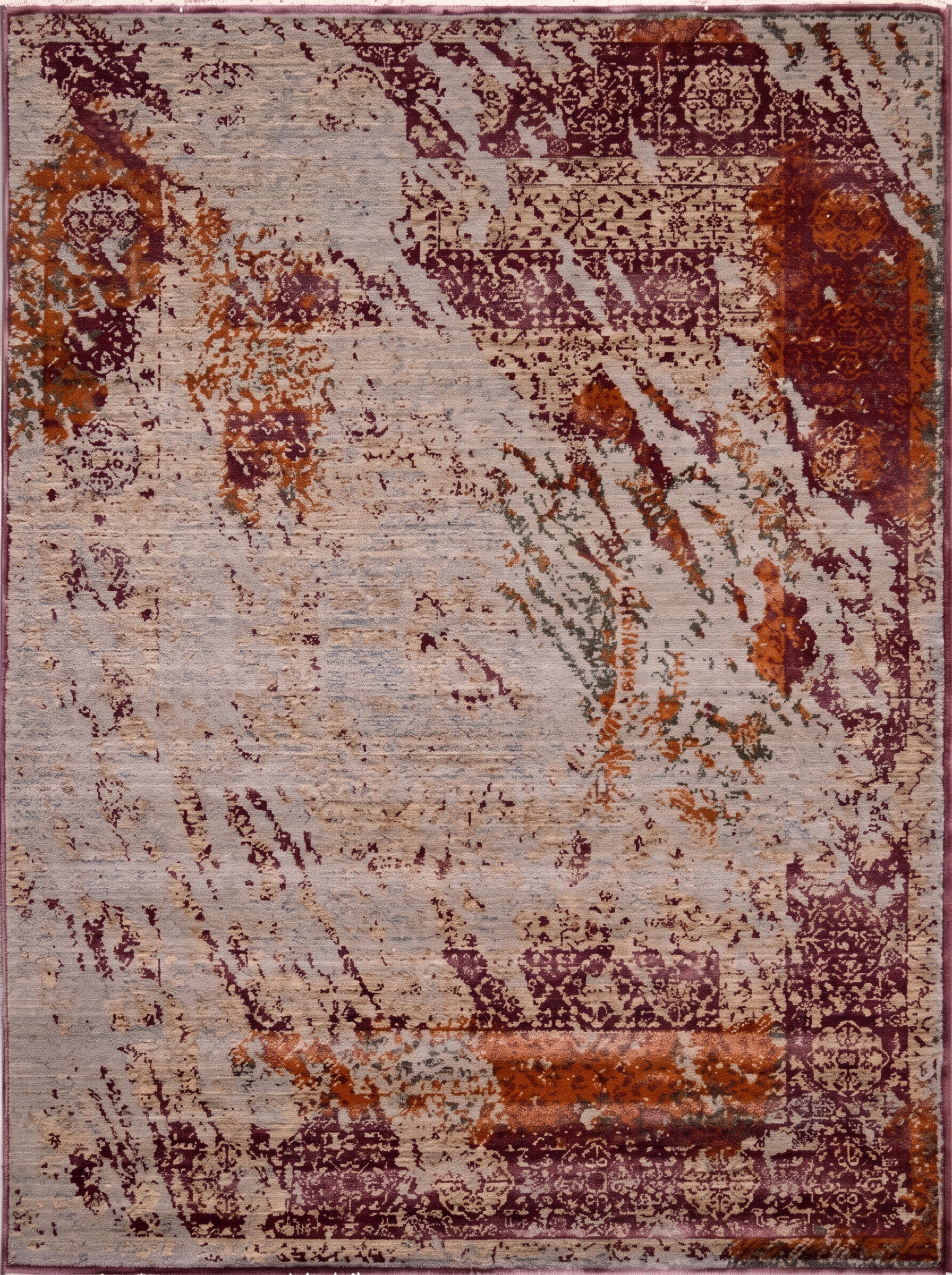 Contemporary Distressed Abstract Plum Rust, European/Belgian Contemporary Design — inspired by deconstructed Persian classical traditions modern rug, in silvered slate, Wool, 162 × 241 cm (5'4" × 7'11"), Nasim Carpets Malaysia — view 3