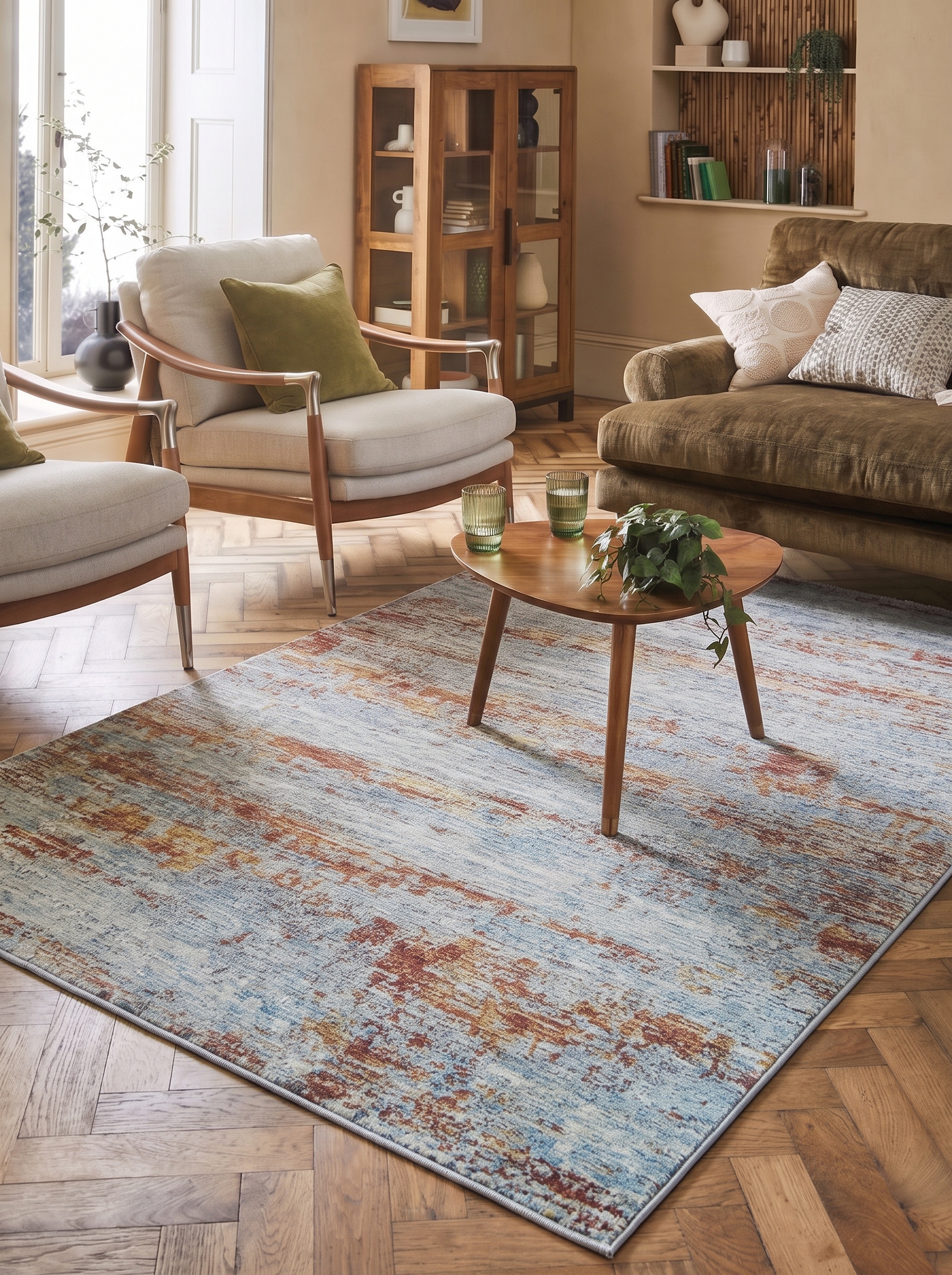 Contemporary Abstract Rust Blue, Belgium / Turkey (Western European machine-made contemporary design) modern rug, in rust terracotta, Wool, 152 × 229 cm (5'0" × 7'6"), Nasim Carpets Malaysia — view 2