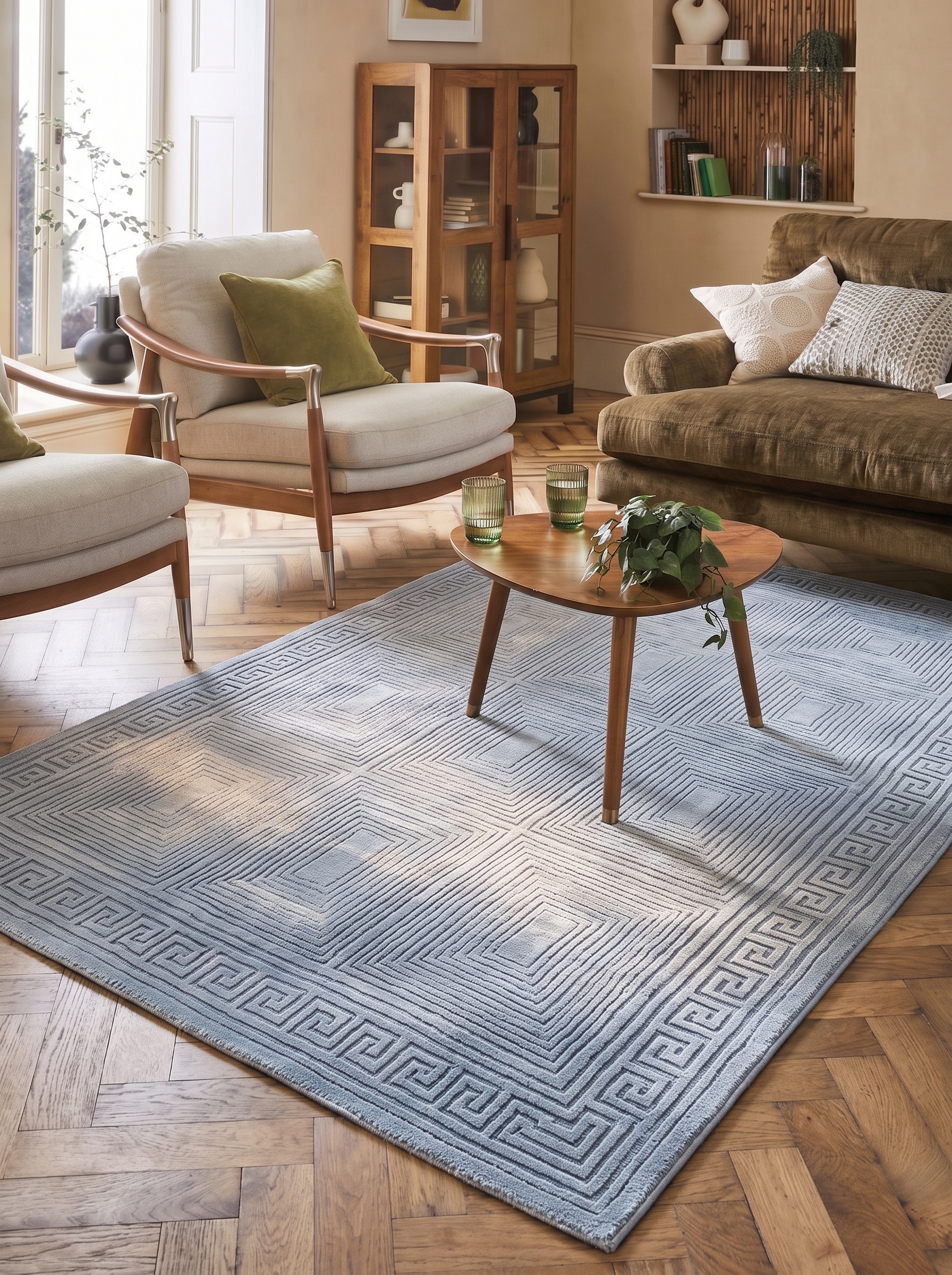 Contemporary Geometric Grid Silver Blue, Belgium / Turkey (Western European machine-made contemporary production) modern rug, in silver blue, Wool, 152 × 213 cm (5'0" × 7'0"), Nasim Carpets Malaysia — view 2