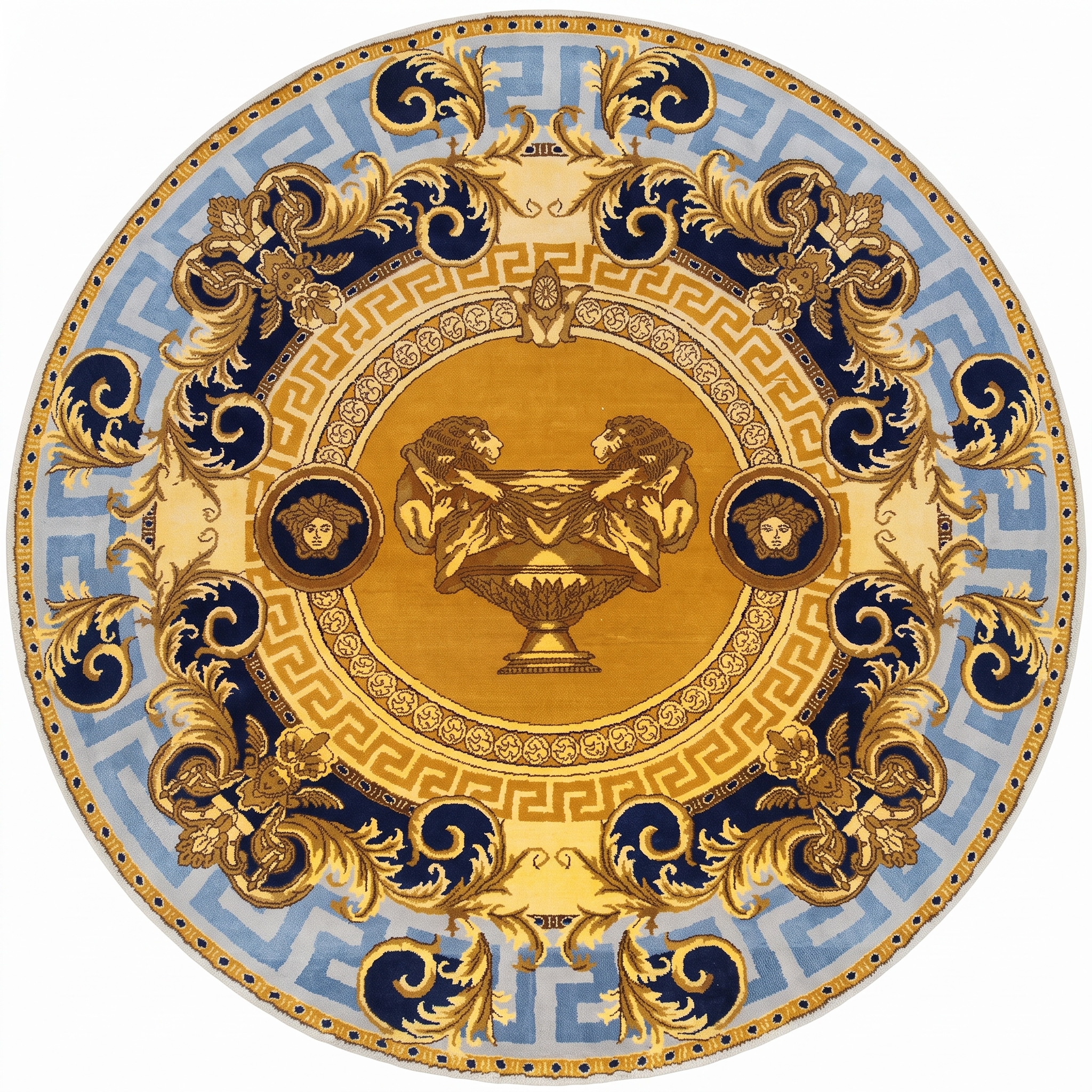 European Neoclassical Medallion Gold Blue, Contemporary European-inspired design, manufactured in India modern rug, in antique gold, Wool, 213 × 305 cm (7'0" × 10'0"), Nasim Carpets Malaysia
