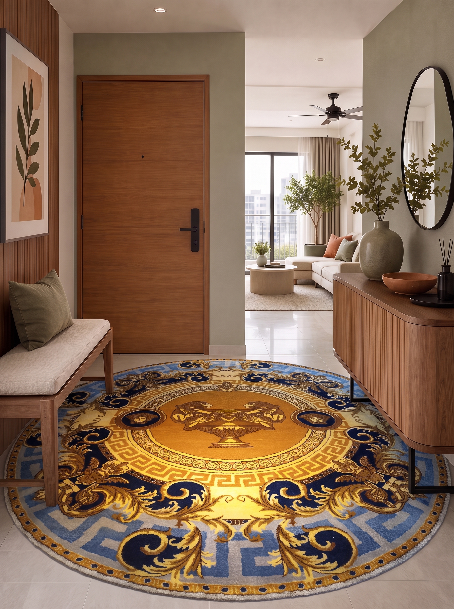 European Neoclassical Medallion Gold Blue, Contemporary European-inspired design, manufactured in India modern rug, in antique gold, Wool, 213 × 305 cm (7'0" × 10'0"), Nasim Carpets Malaysia — view 2