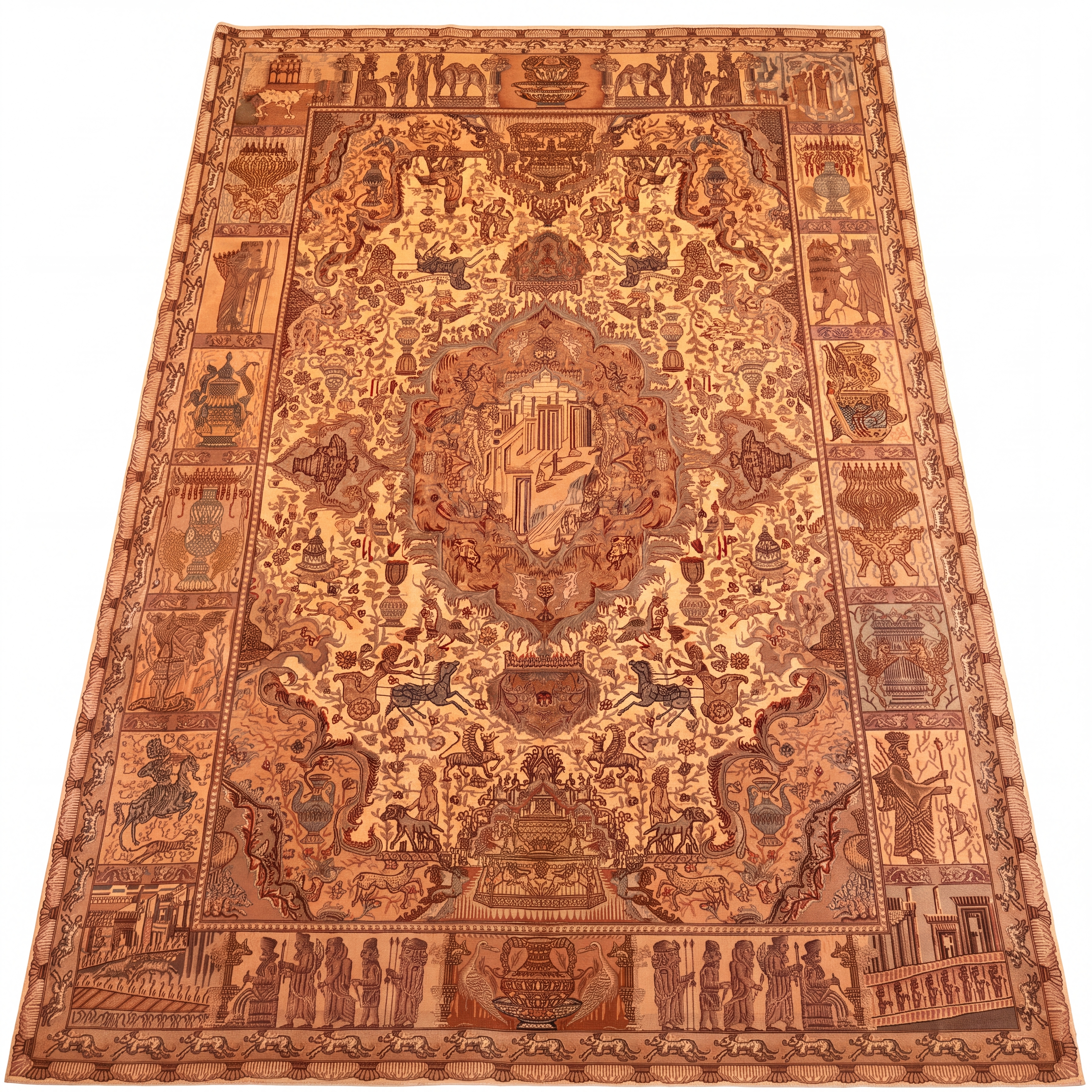 Qum Pictorial Persepolis Ivory, Qum, Iran persian rug, in antique ivory, Pure Silk, 213 × 305 cm (7'0" × 10'0"), Nasim Carpets Malaysia