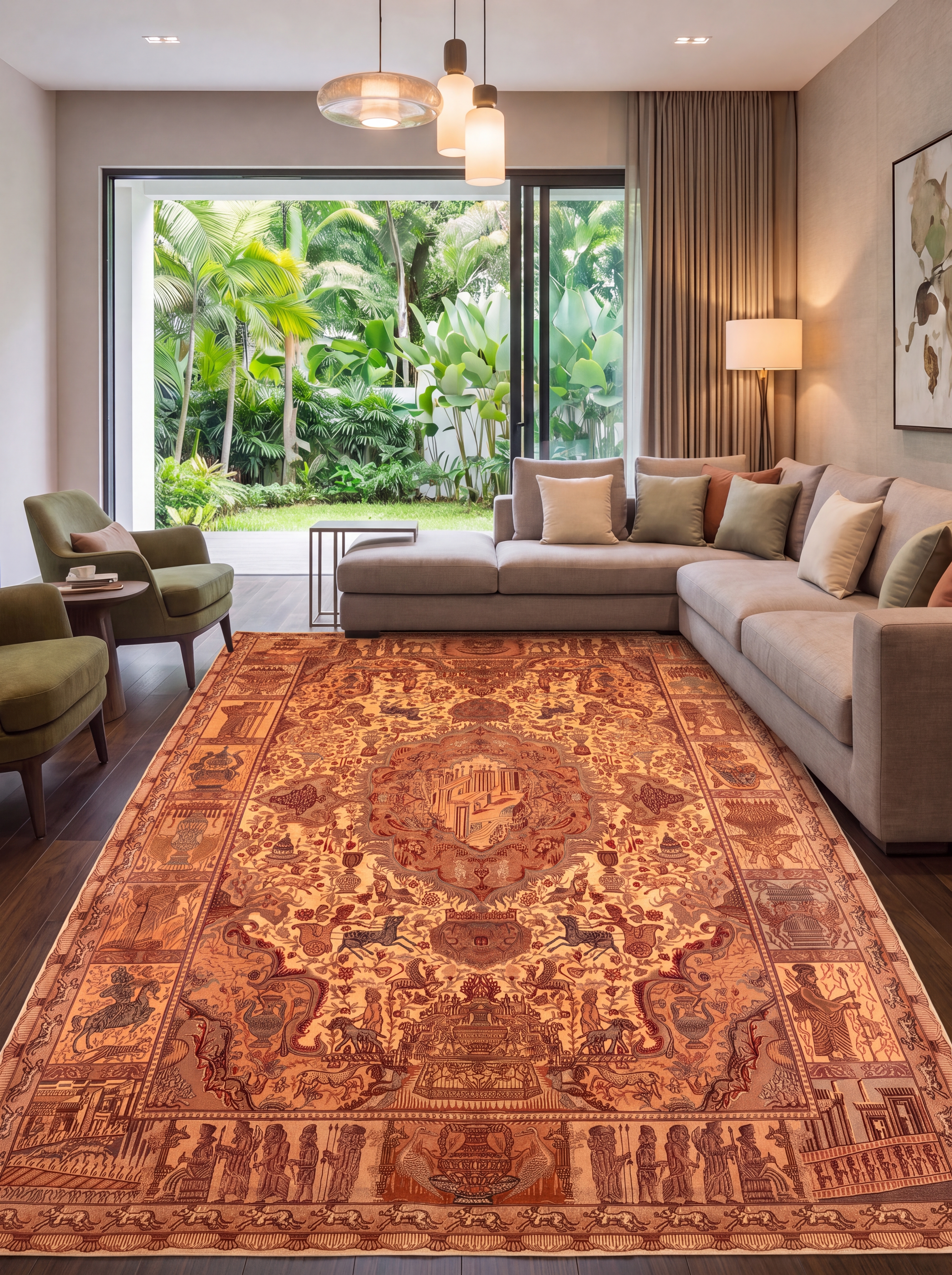 Qum Pictorial Persepolis Ivory, Qum, Iran persian rug, in antique ivory, Pure Silk, 213 × 305 cm (7'0" × 10'0"), Nasim Carpets Malaysia — view 2