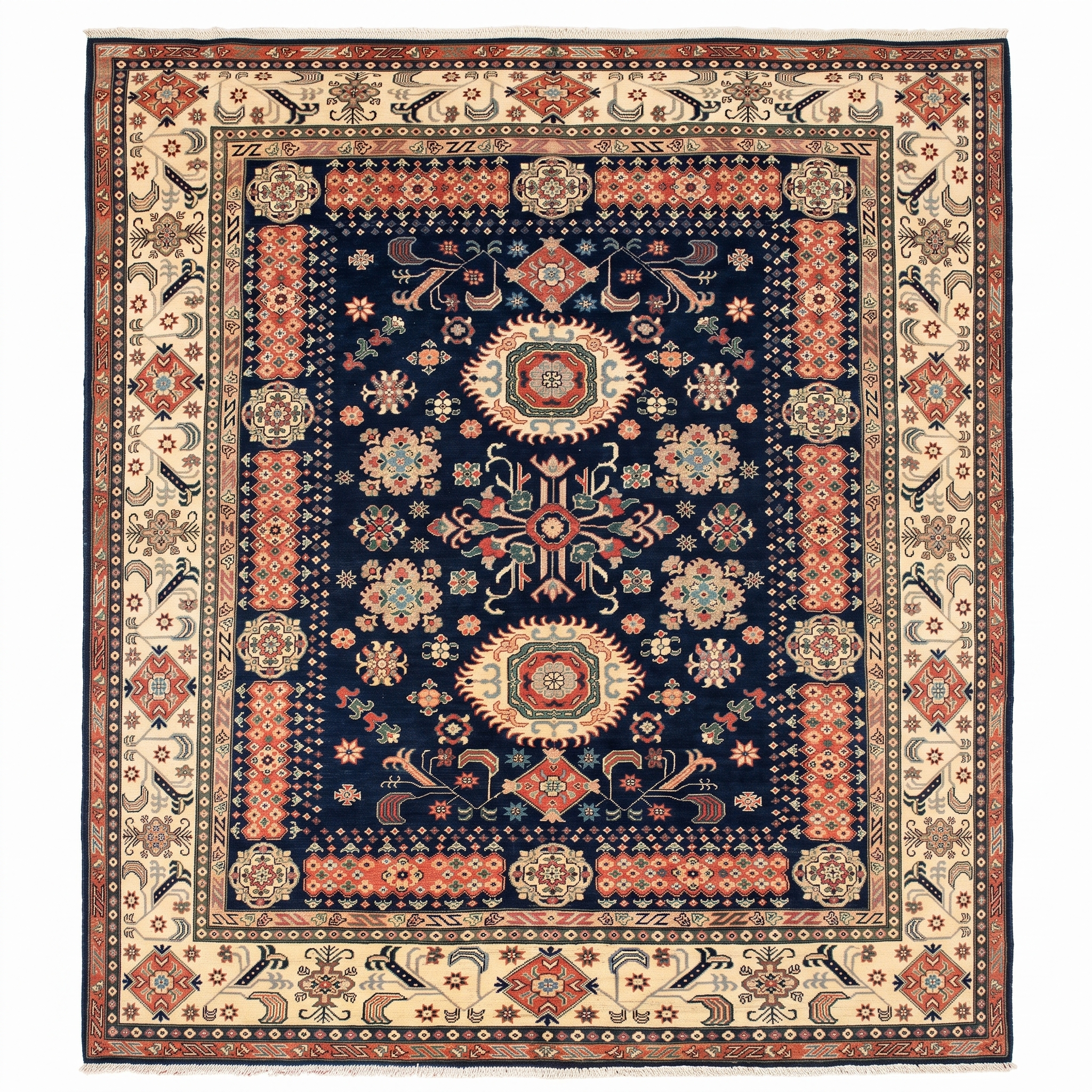 Afghan Kazak Medallion Navy, Afghanistan (Chobi-Kazak tradition) tribal rug, in navy blue, Wool, 244 × 299 cm (8'0" × 9'10"), Nasim Carpets Malaysia — view 1