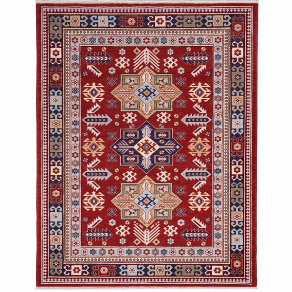 Kazak Medallion Trio Crimson, Kazak, Caucasus (Azerbaijan/Armenia border region) tribal rug, in crimson red, Wool, 135 × 193 cm (4'5" × 6'4"), Nasim Carpets Malaysia