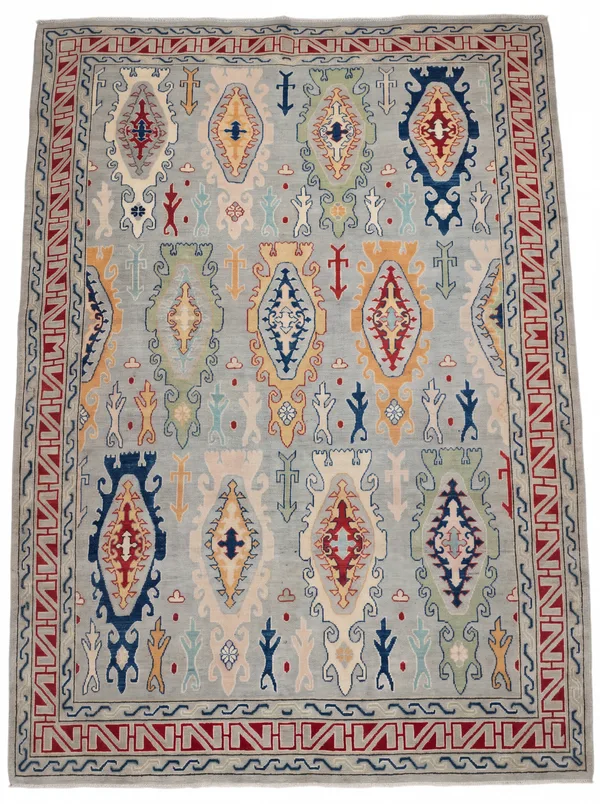 Kazak Ikat Medallion Silver-Blue, Kazak, Caucasus (contemporary Afghan interpretation) tribal rug, in silver, Wool, 201 × 305 cm (6'7" × 10'0"), Nasim Carpets Malaysia