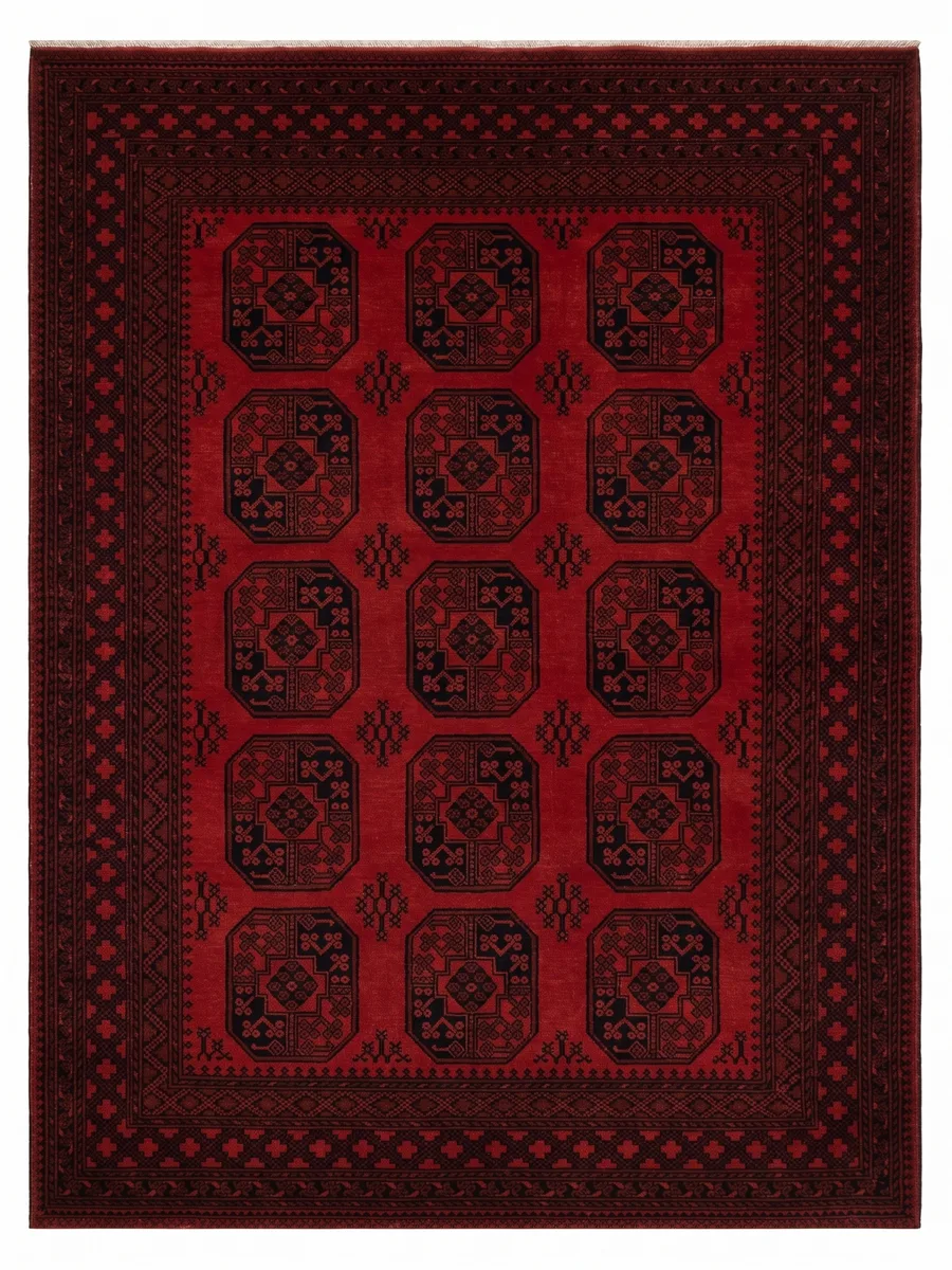 Afghan Ersari Elephant Foot Crimson, Ersari Turkmen, Northern Afghanistan tribal rug, in madder crimson, Wool, 203 × 279 cm (6'8" × 9'2"), Nasim Carpets Malaysia — view 1