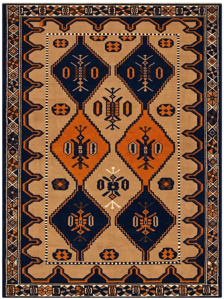 Baluch Geometric Diamond Navy Orange, Baluchistan, Afghanistan-Iran Border Region tribal rug, in burnt orange, Wool, 112 × 183 cm (3'8" × 6'0"), Nasim Carpets Malaysia — view 1