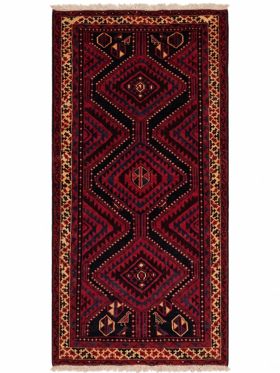 Baluch Geometric Medallion Crimson, Baluchistan, Afghanistan-Iran Border Region tribal rug, in crimson red, Wool, 160 × 251 cm (5'3" × 8'3"), Nasim Carpets Malaysia — view 1