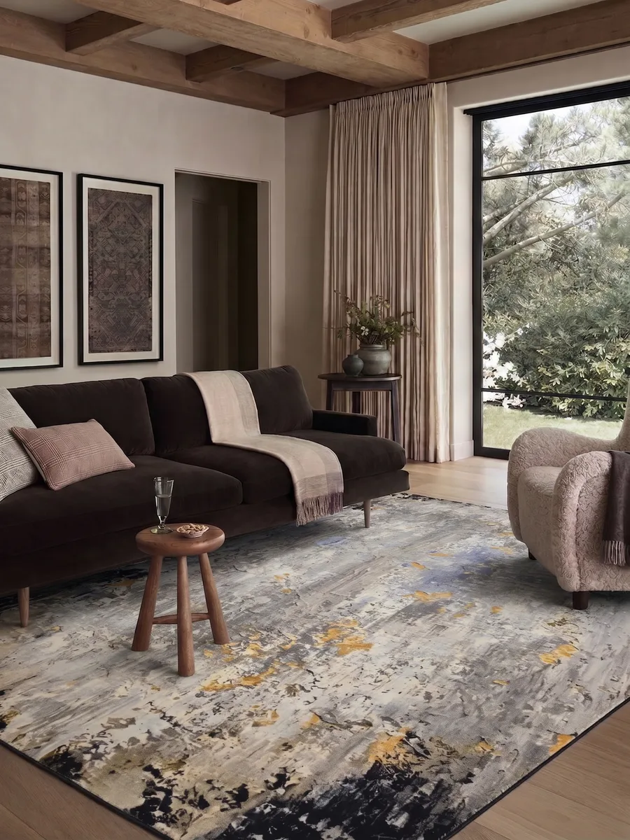 Contemporary Abstract Distressed Silver Gold, Contemporary, likely India (Jaipur) modern rug, in ash silver, Wool, 152 × 244 cm (5'0" × 8'0"), Nasim Carpets Malaysia — view 2