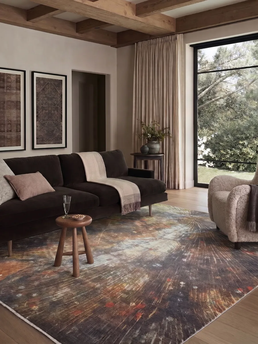 Contemporary Abstract Sunburst Umber, India (Indo-modern / art rug workshop) modern rug, in umber brown, Wool, 152 × 244 cm (5'0" × 8'0"), Nasim Carpets Malaysia — view 2