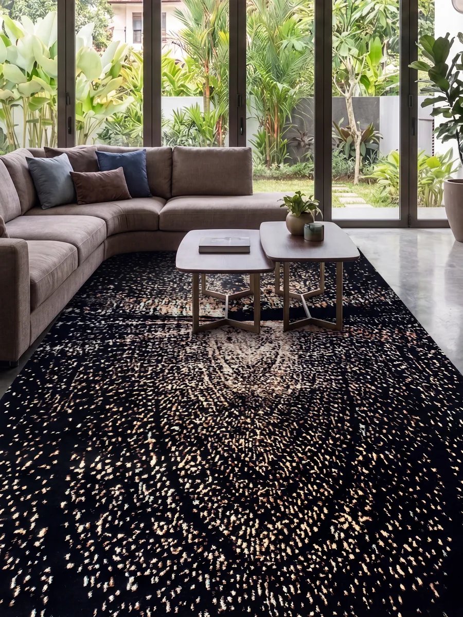 Contemporary Nocturnal Scatter Charcoal, Contemporary Western / European Studio Design modern rug, in jet black, Wool, 183 × 274 cm (6'0" × 9'0"), Nasim Carpets Malaysia — view 2