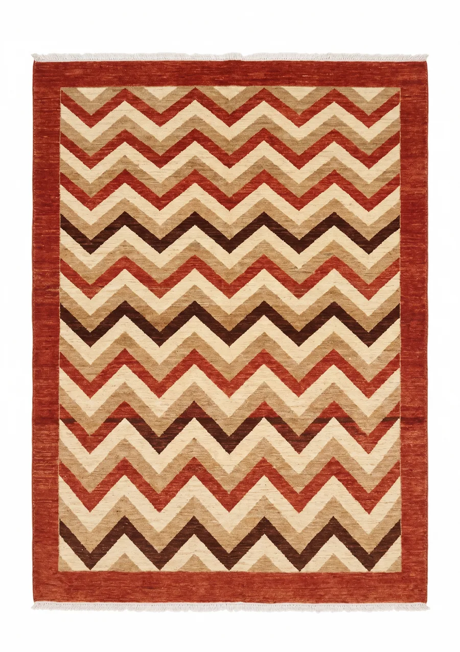 Gabbeh Chevron Wave Rust, Qashqai or Luri tribal region, Fars Province, Iran modern rug, in madder rust, Wool, 183 × 244 cm (6'0" × 8'0"), Nasim Carpets Malaysia — view 1